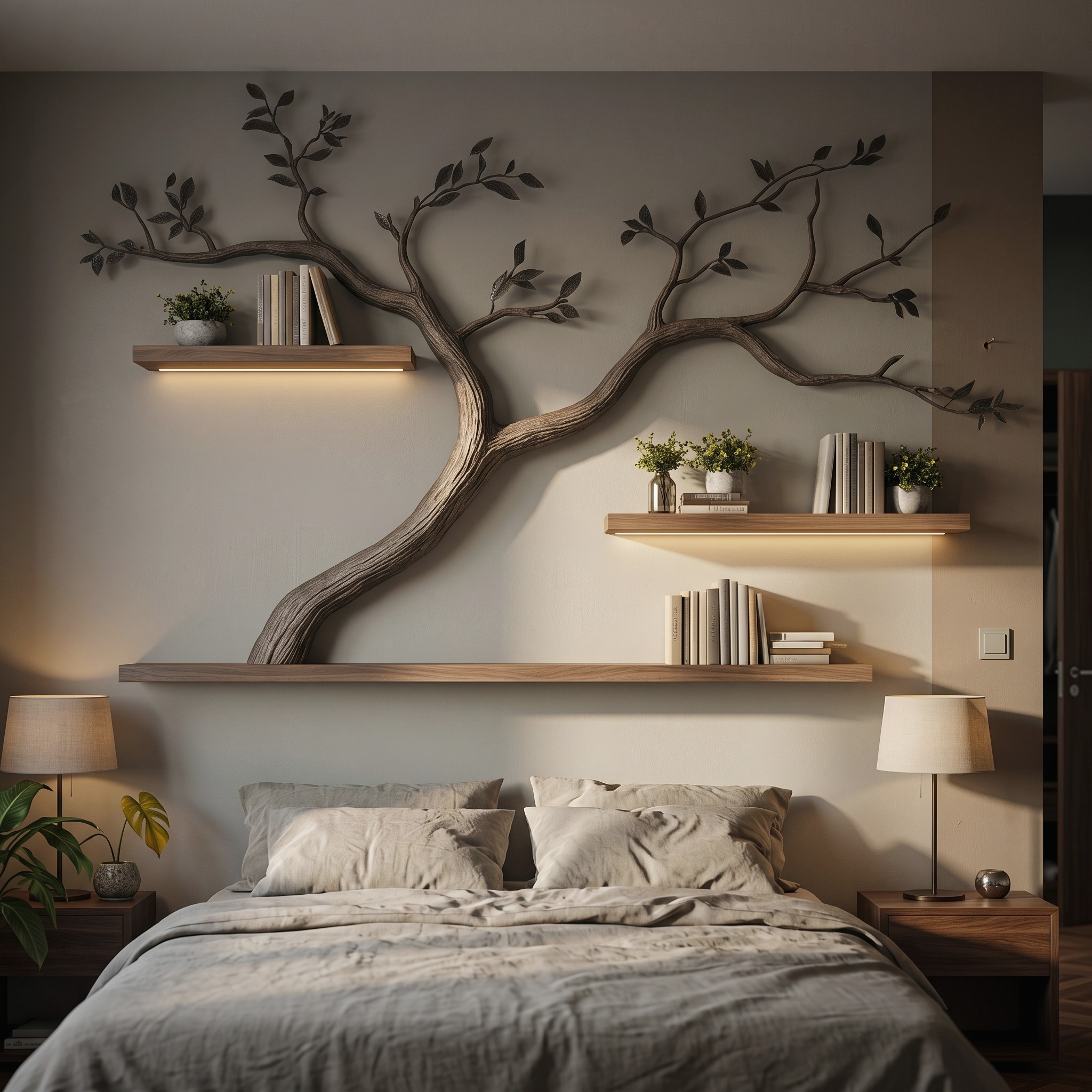 Mid Century Tree Wall Bookshelf Bedroom Headboard