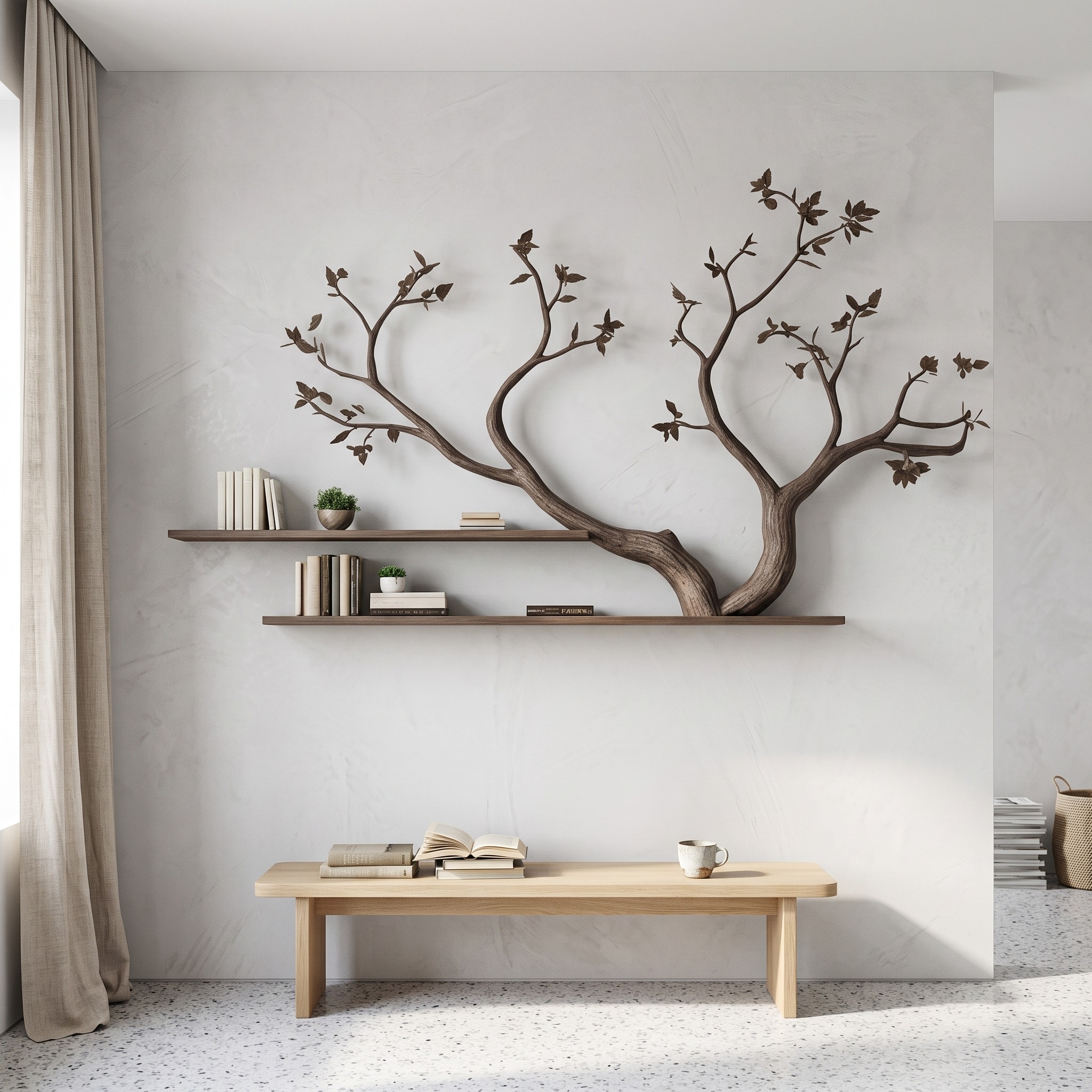 Mid Century Tree Wall Bookshelf, Floating Branch Wood Display Case for Modern Cozy Bedroom, Nursery & Hallway