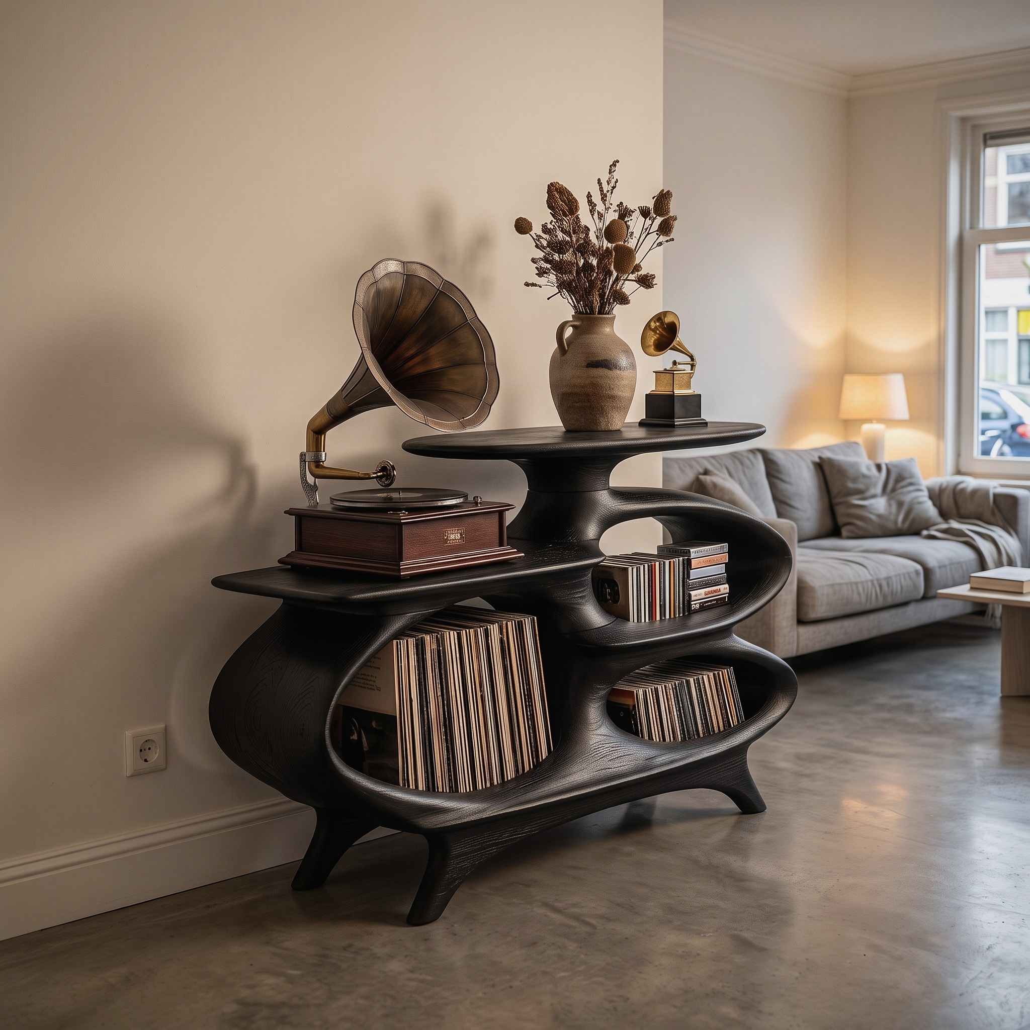Mid Century Turntable Stand with Layered Storage Compartments for Entryway