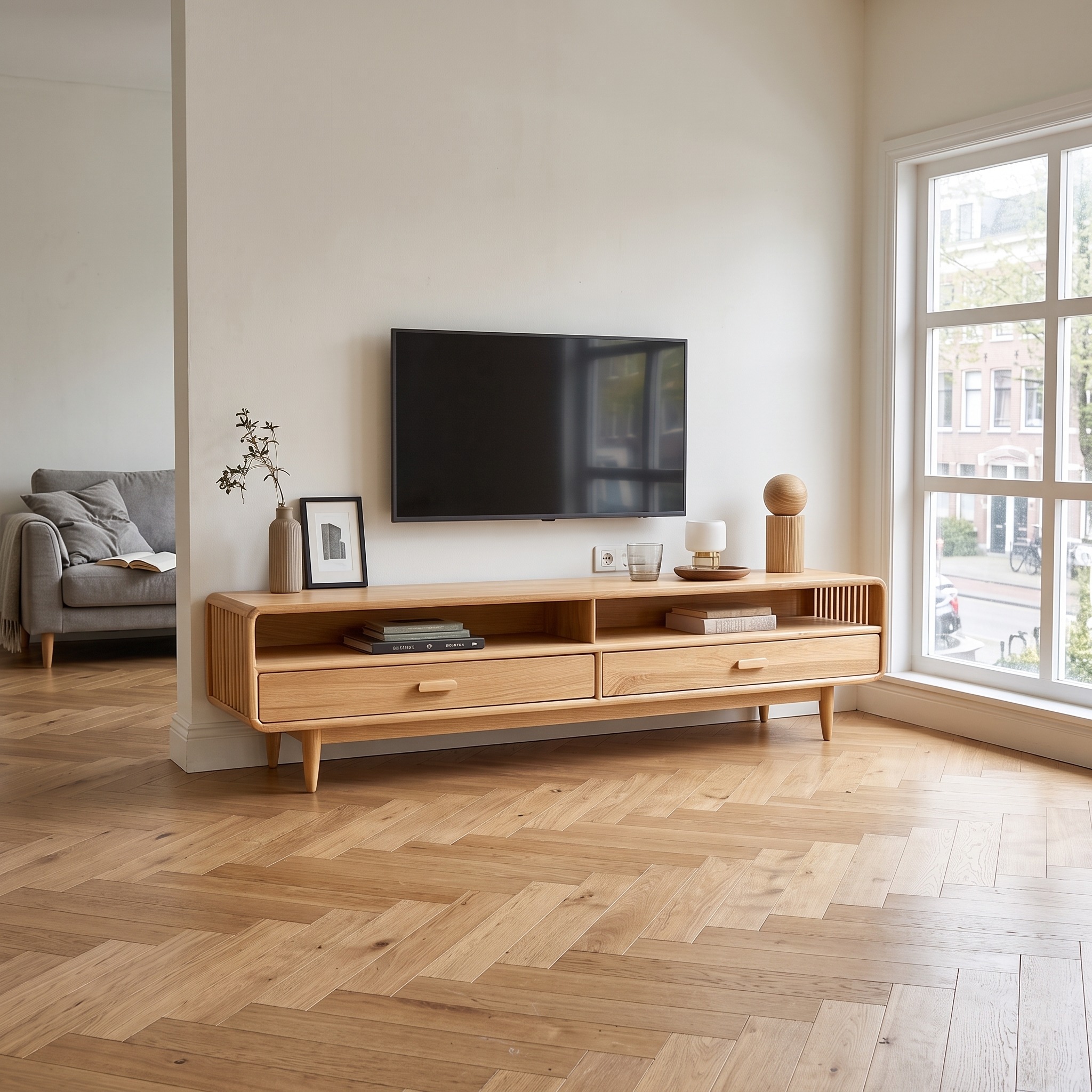 Mid-Century TV Cabinet, Modern Solid Wood Media Console, Low Profile Television Stand for Living Room
