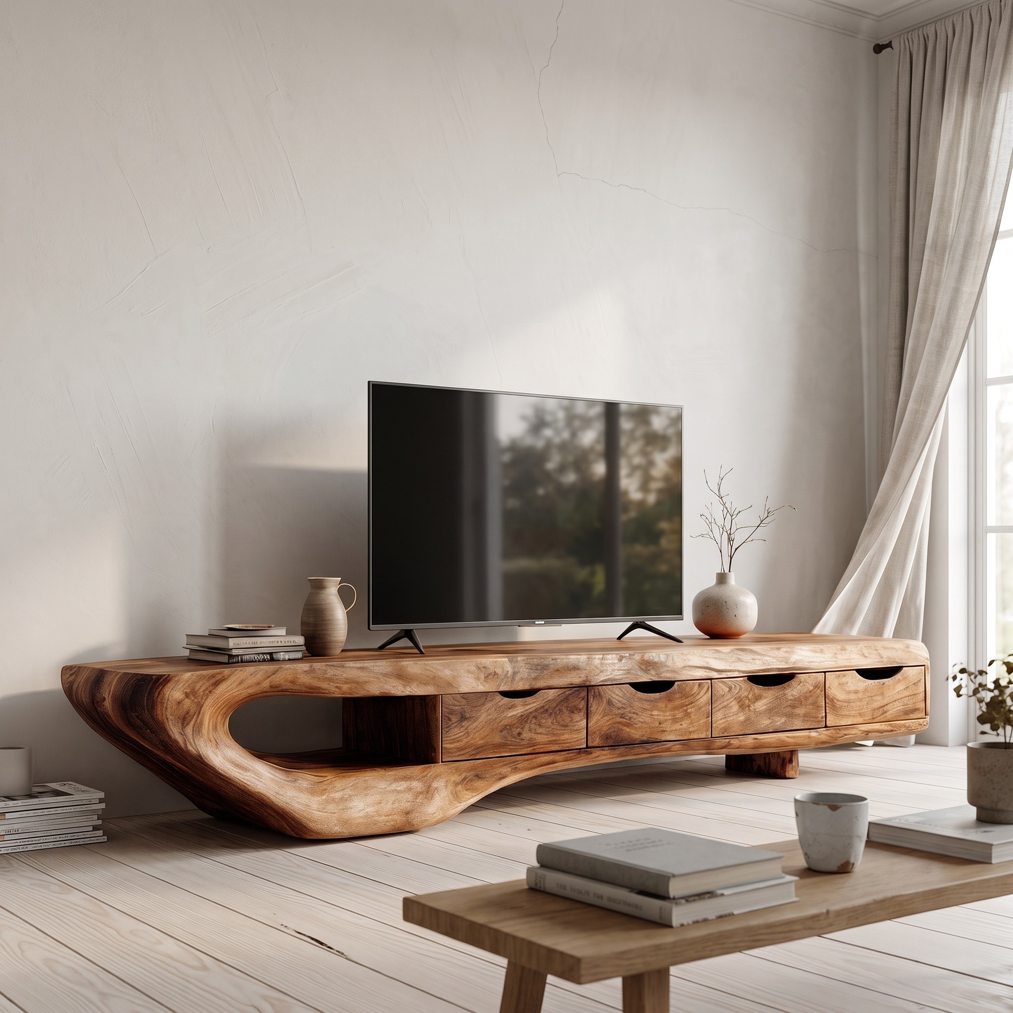 Mid-Century TV Cabinet, Solid Natural Wood Media Console Table, Modern Living Room TV Stand Unit