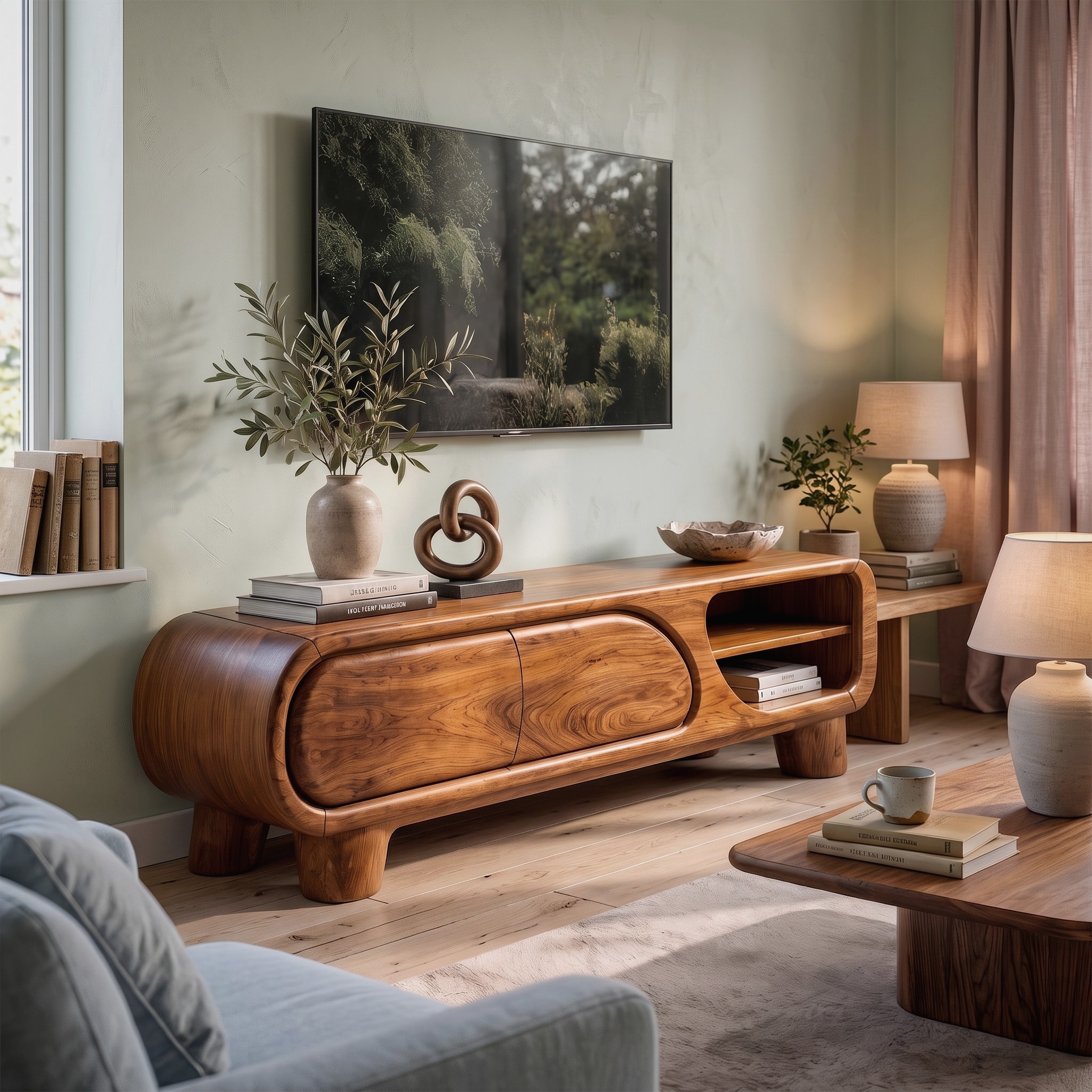 Mid Century TV Cabinet with Rounded Frame and Open Storage for Living Room