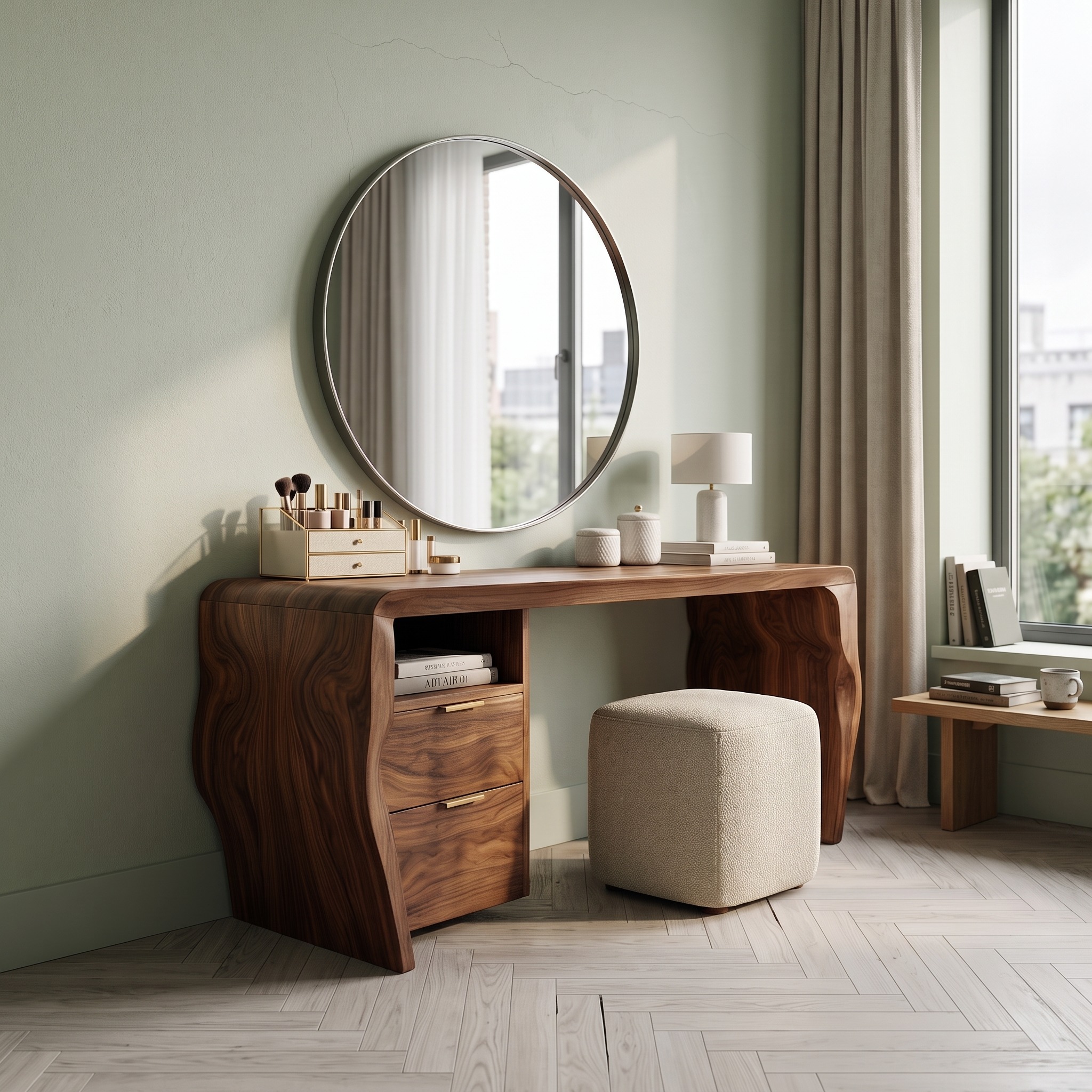 Mid-Century Vanity Desk, Modern Wooden Makeup Dressing Table Cabinet for Bedroom & Apartment