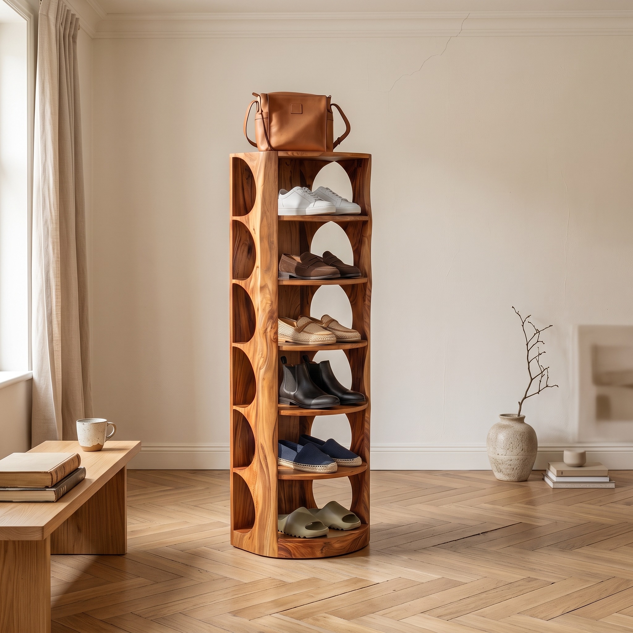 Mid-Century Vertical Wooden Shoe Rack, Space-Saving Multi-Tier Storage Organizer Shelf for Entryway & Hallway