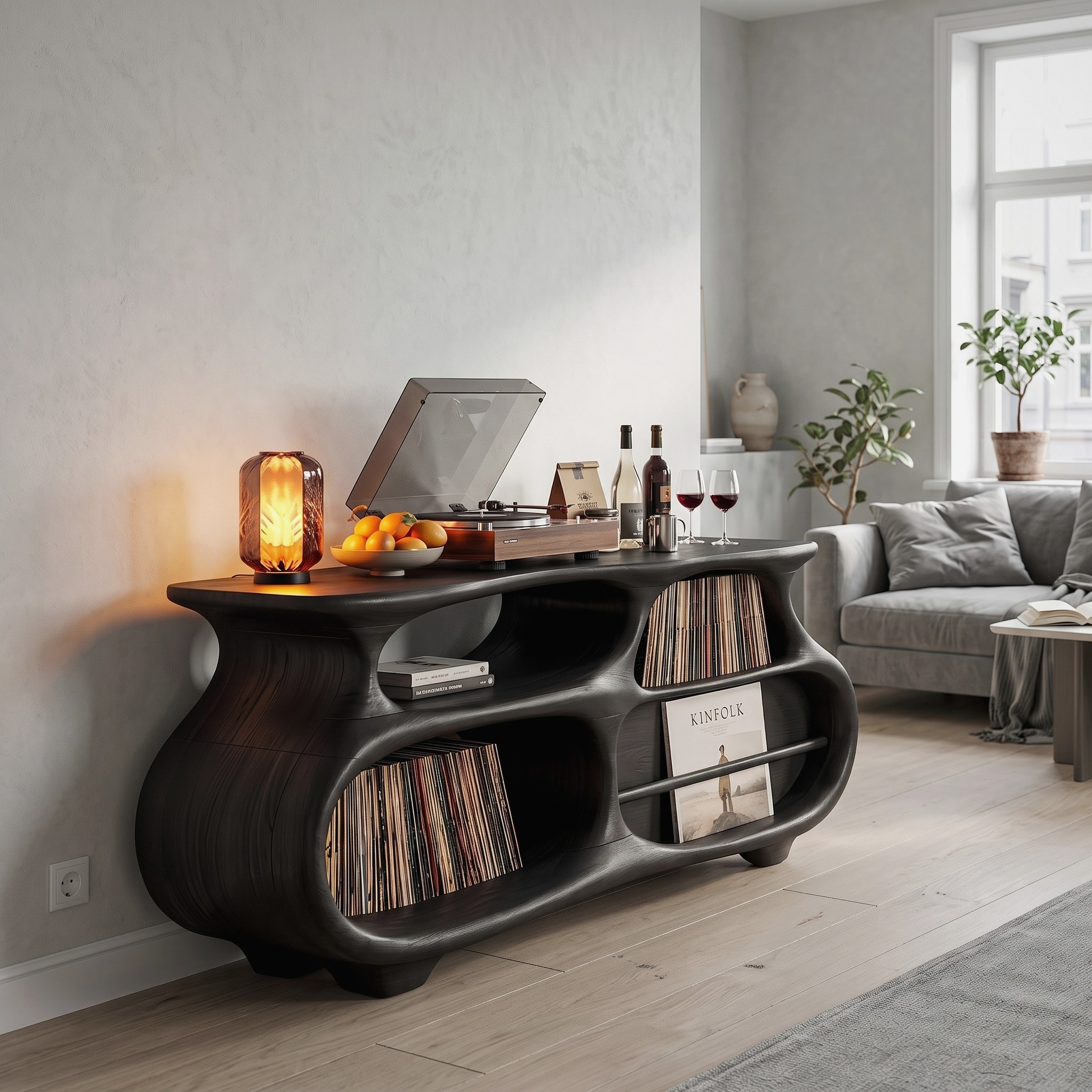 Mid Century Vinyl Record Stand with Artistic Flowing Silhouette for Entryway