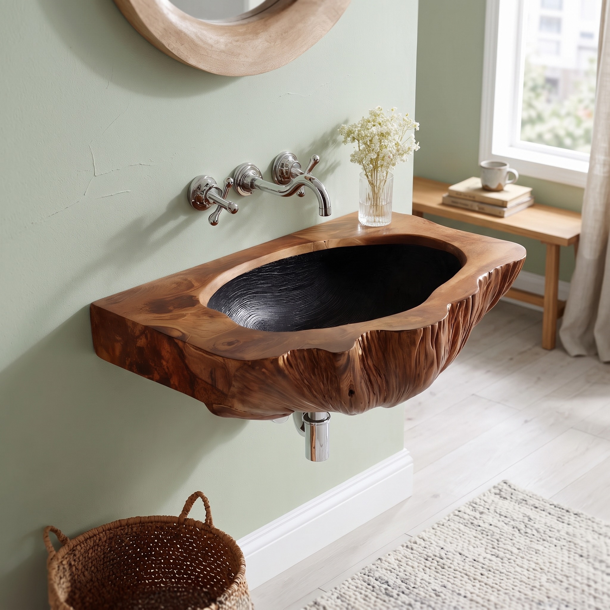 Mid Century Wall Mounted Wooden Bathroom Sink Vanity, Handcrafted Rustic Solid Wood Floating Wash Basin