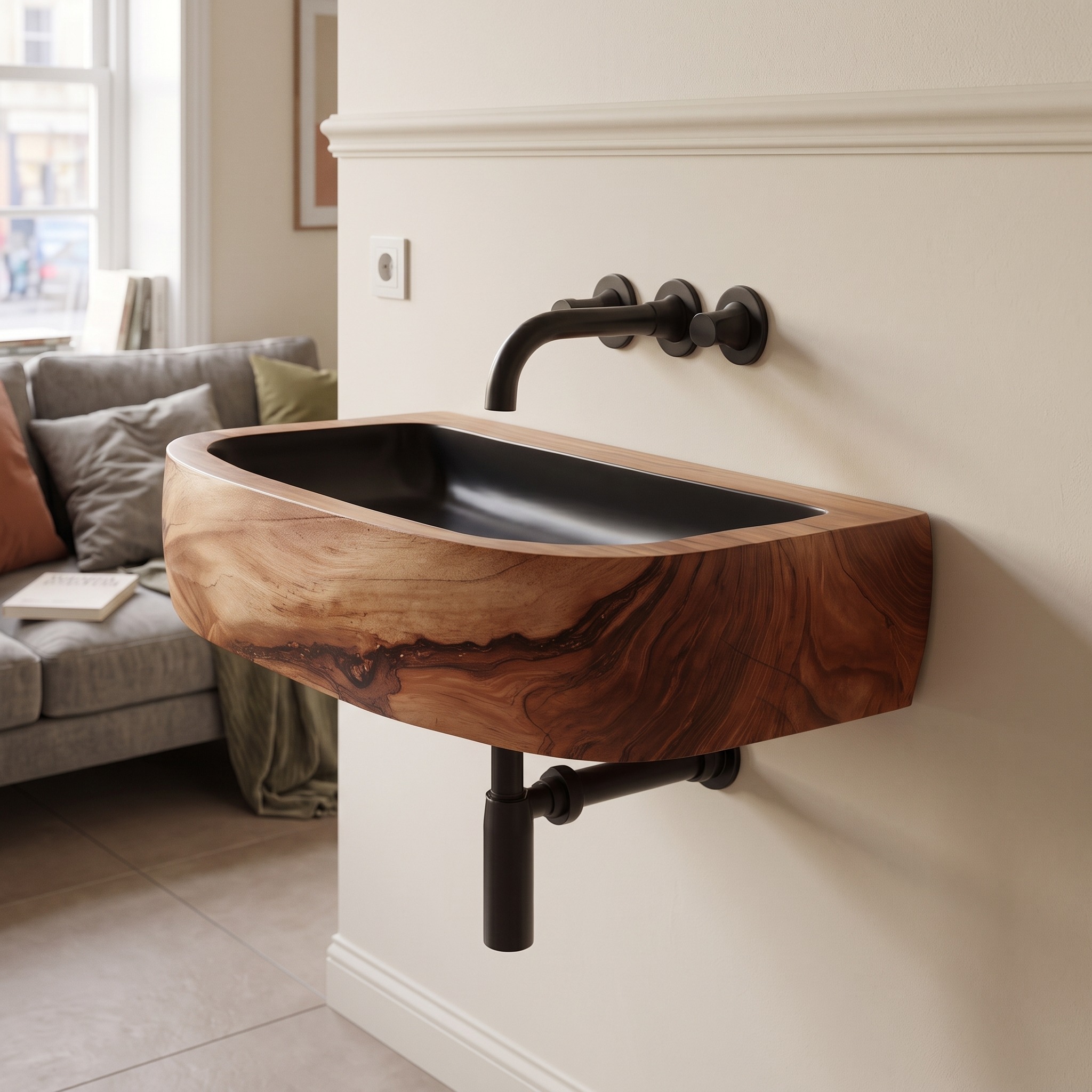 Mid Century Wall Mounted Wooden Bathroom Vanity Sink, Floating Solid Wood Console Shelf