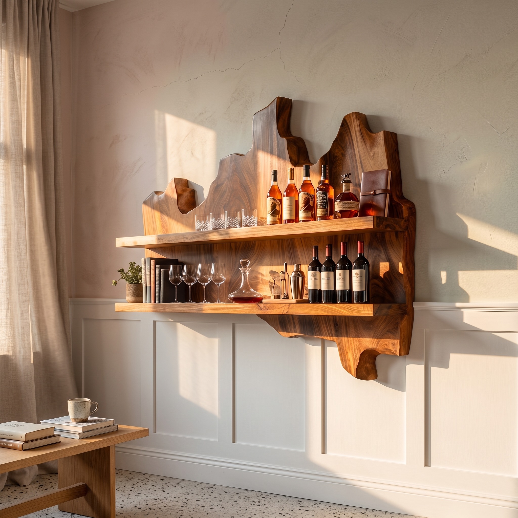Mid Century Wall Wine Holder, Hanging Solid Wood Wine Bottle Rack & Beverage Showcase Unit for Living Room Lounge
