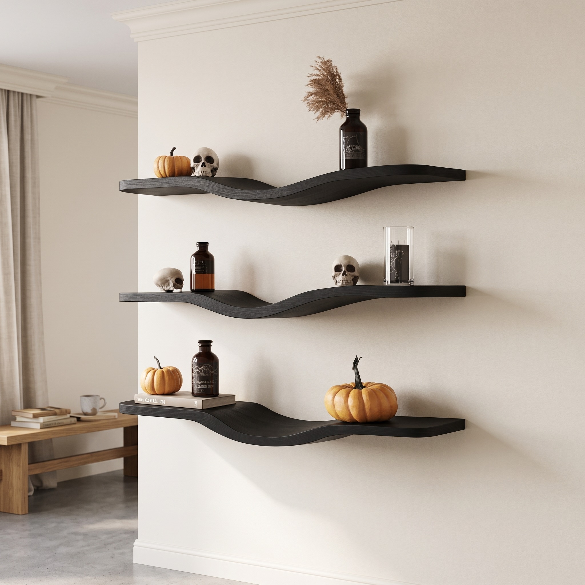 Mid Century Wavy Floating Shelf, Halloween Wall Mounted Curved Wood Display Organizer for Living Room Decor