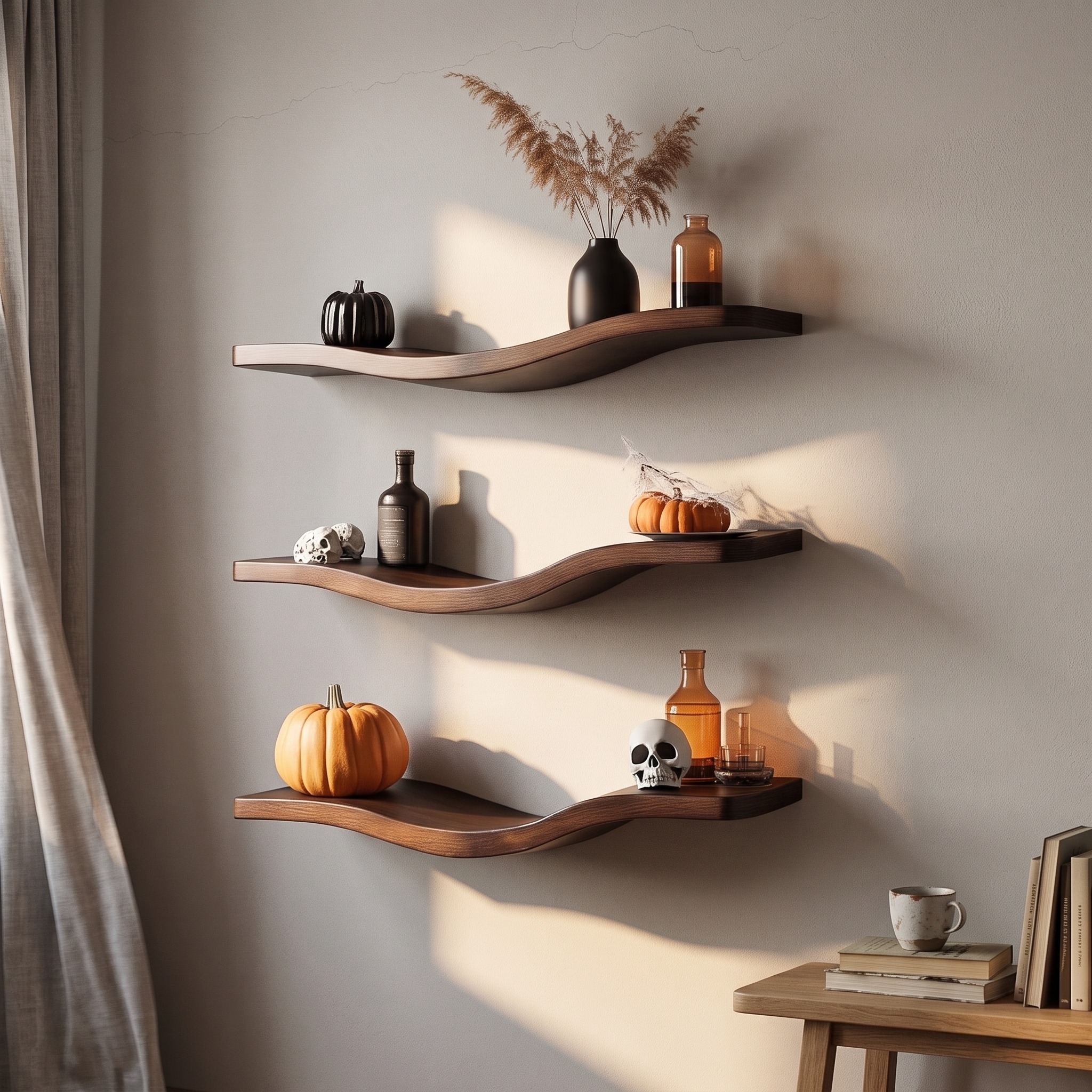 Mid Century Wavy Floating Shelf, Handcrafted Halloween Curved Wood Wall Mounted Display Shelf for Living Room