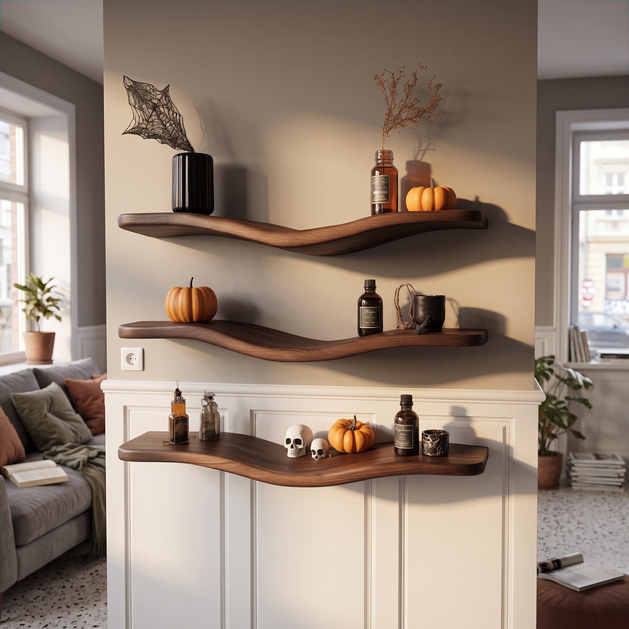 Mid Century Wavy Floating Wall Shelf, Halloween Accent Curved Wood Display Organizer for Modern Entryway