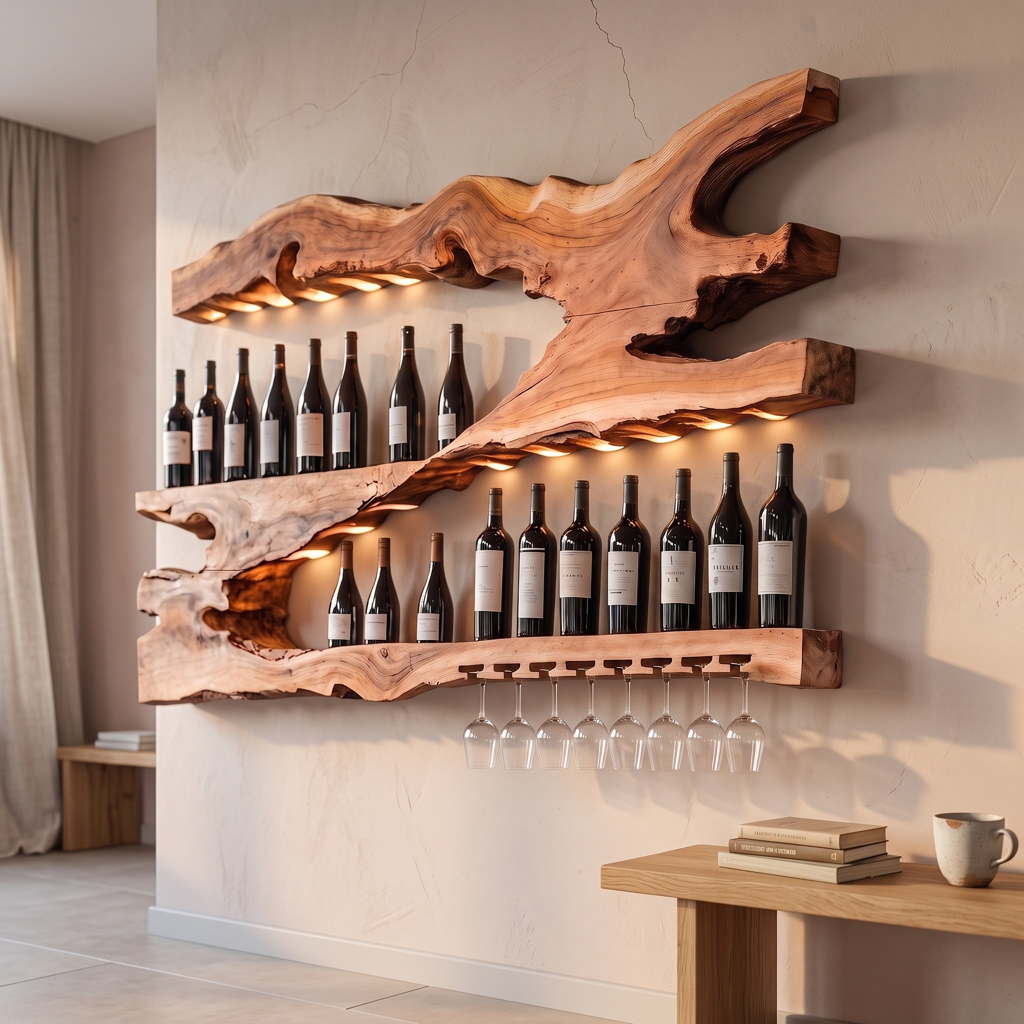 Mid Century Wine Holder Shelf, Minimalist Solid Wood Tabletop Bottle Rack Organizer for Modern Kitchen & Bar