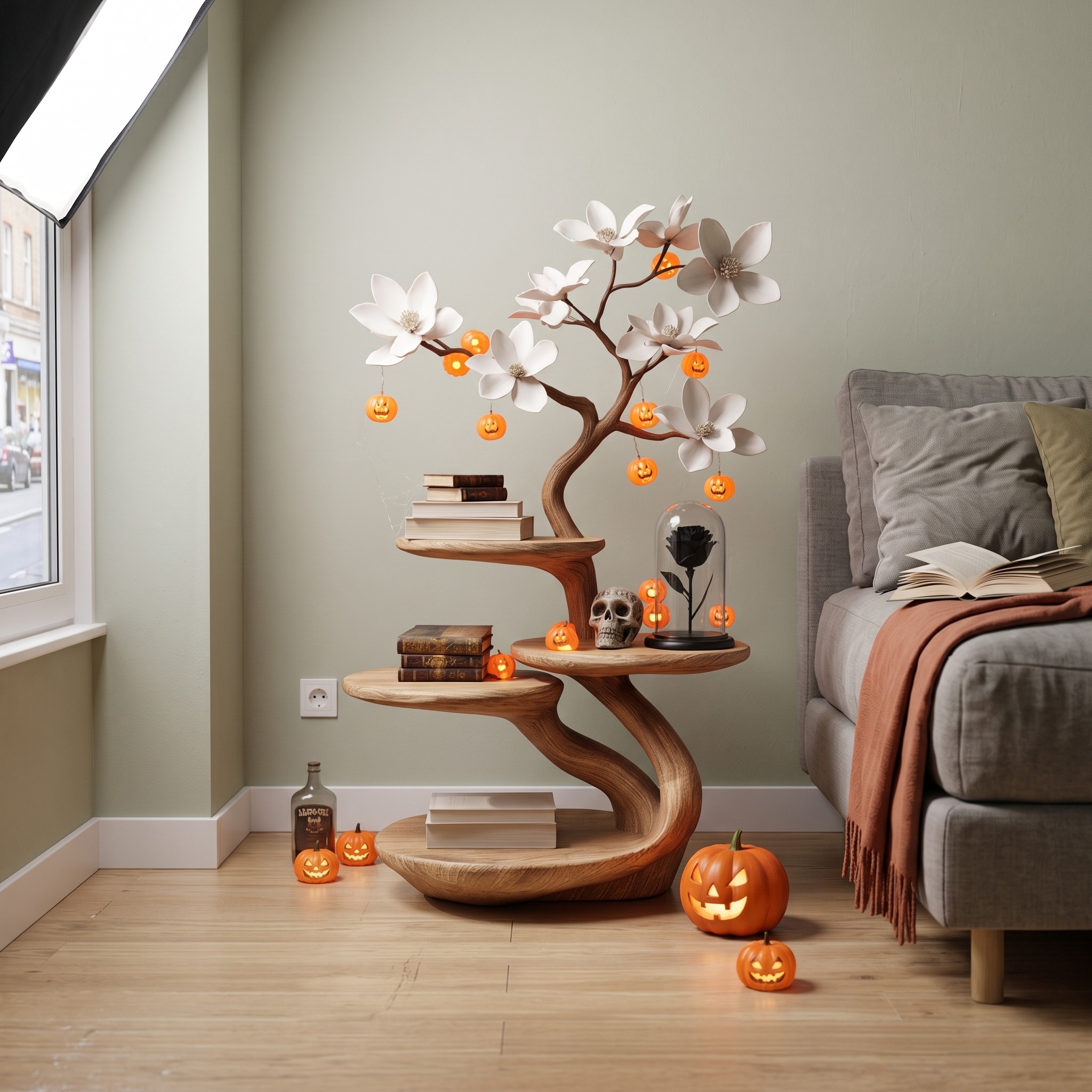 Mid-Century Wood Bedside Table, Rustic Branch Nightstand for Bedroom, Spooky Gothic Accent Side Table Furniture