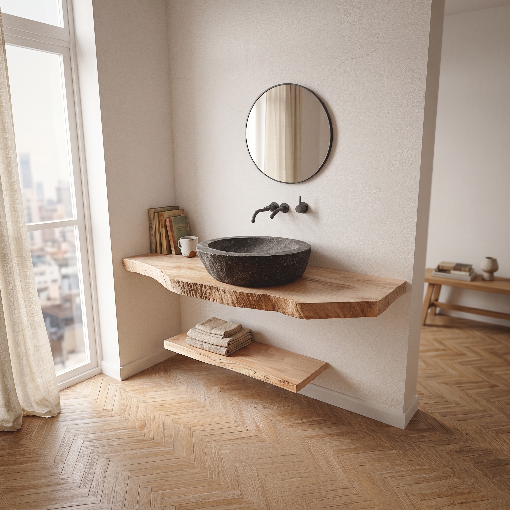 Mid Century Wood Floating Shelf, Washroom Vanity Solid Wood Wall Mounted Storage Shelf, Model