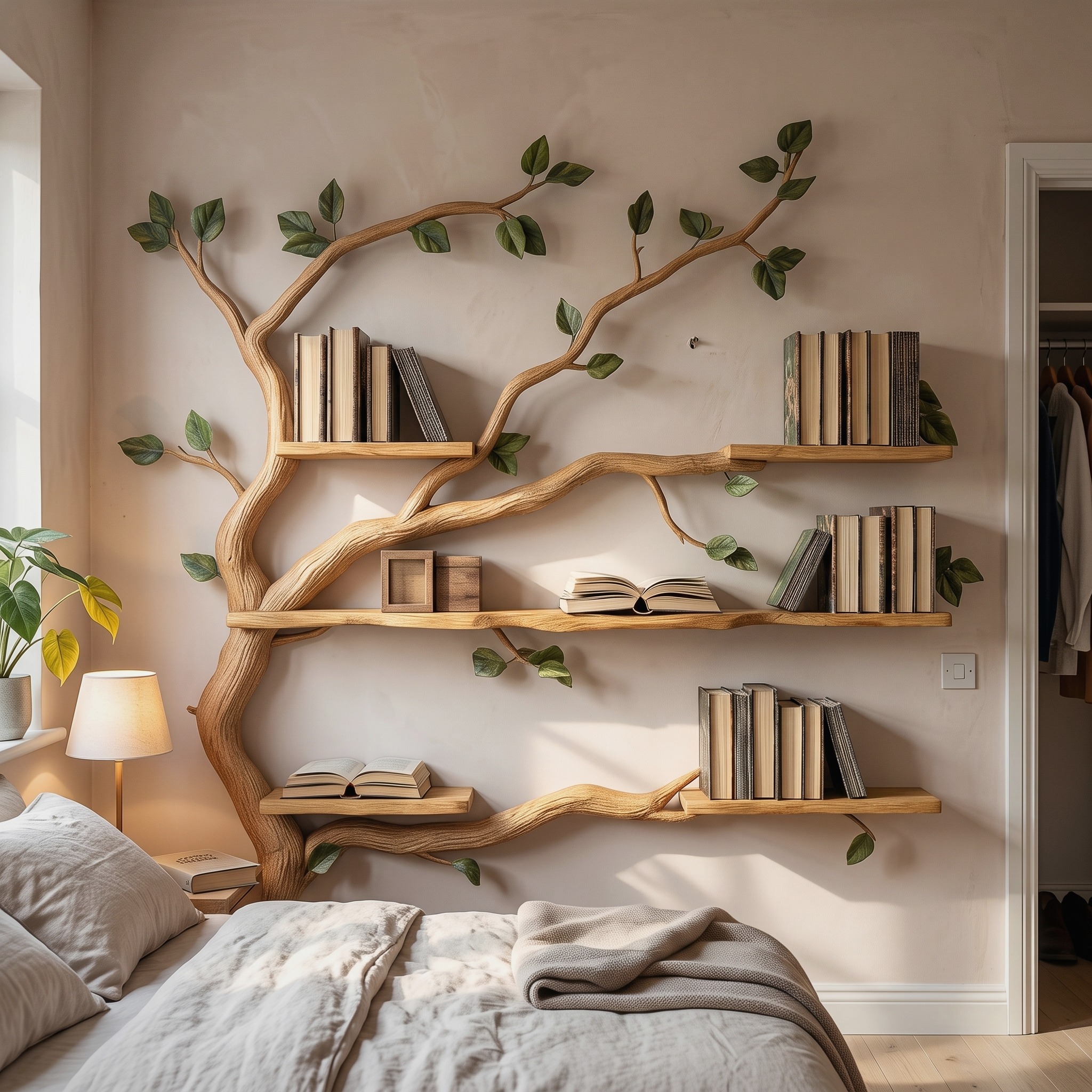 Mid Century Wood Tree Bookcase Wall Mounted Shelf