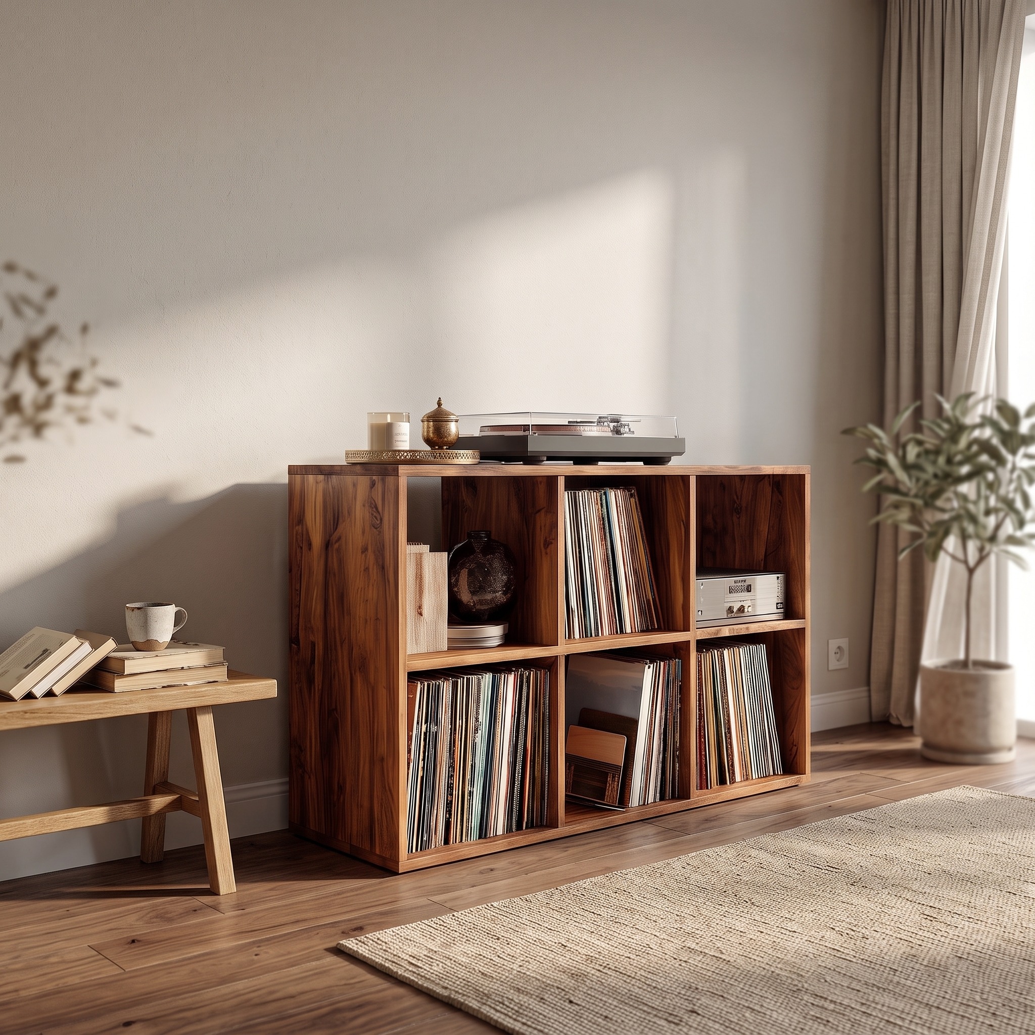 Mid-Century Wood Vinyl Record Storage Cabinet, Handcrafted Retro Turntable Stand with Album Divider Shelf, Model