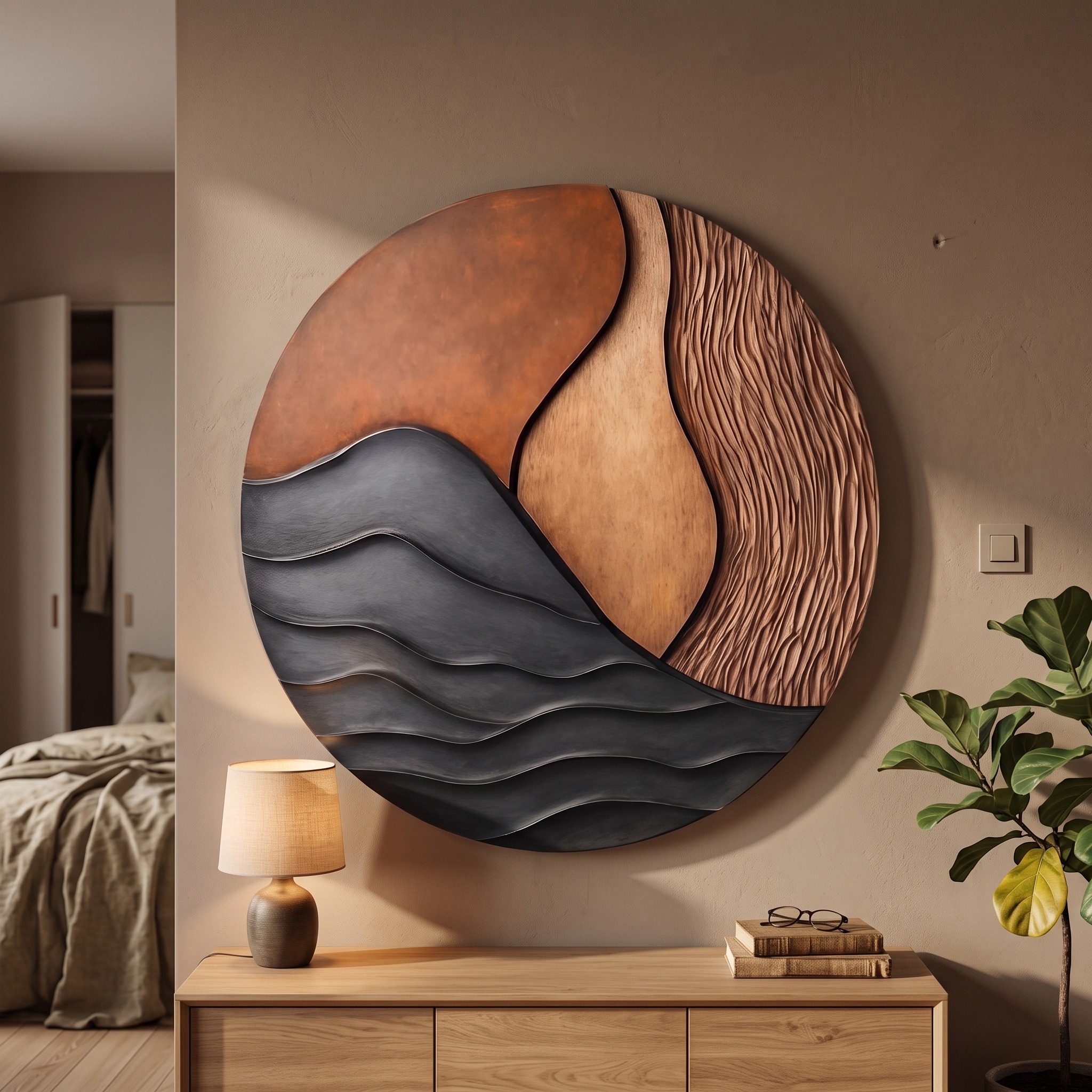 Mid Century Wood Wall Art, Geometric 3D Wood Block Hanging Sculpture Panel for Modern Bedroom & Living Room