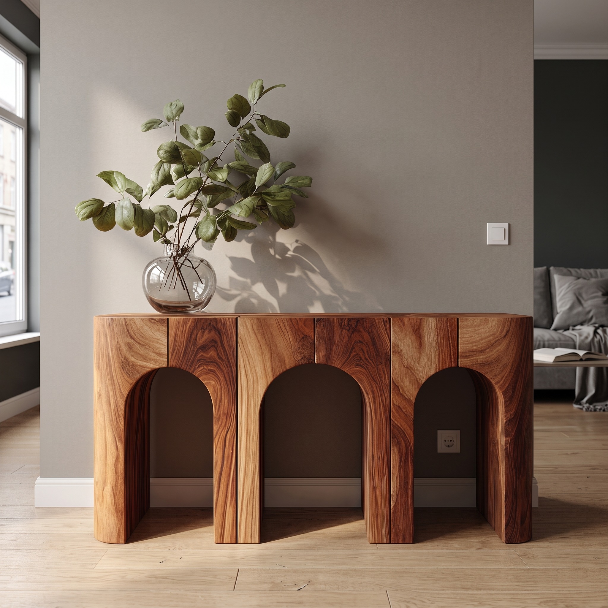 Mid Century Wooden Arch Console Table, Modern Curved Entryway Accent & Living Room Sofa Table, Model