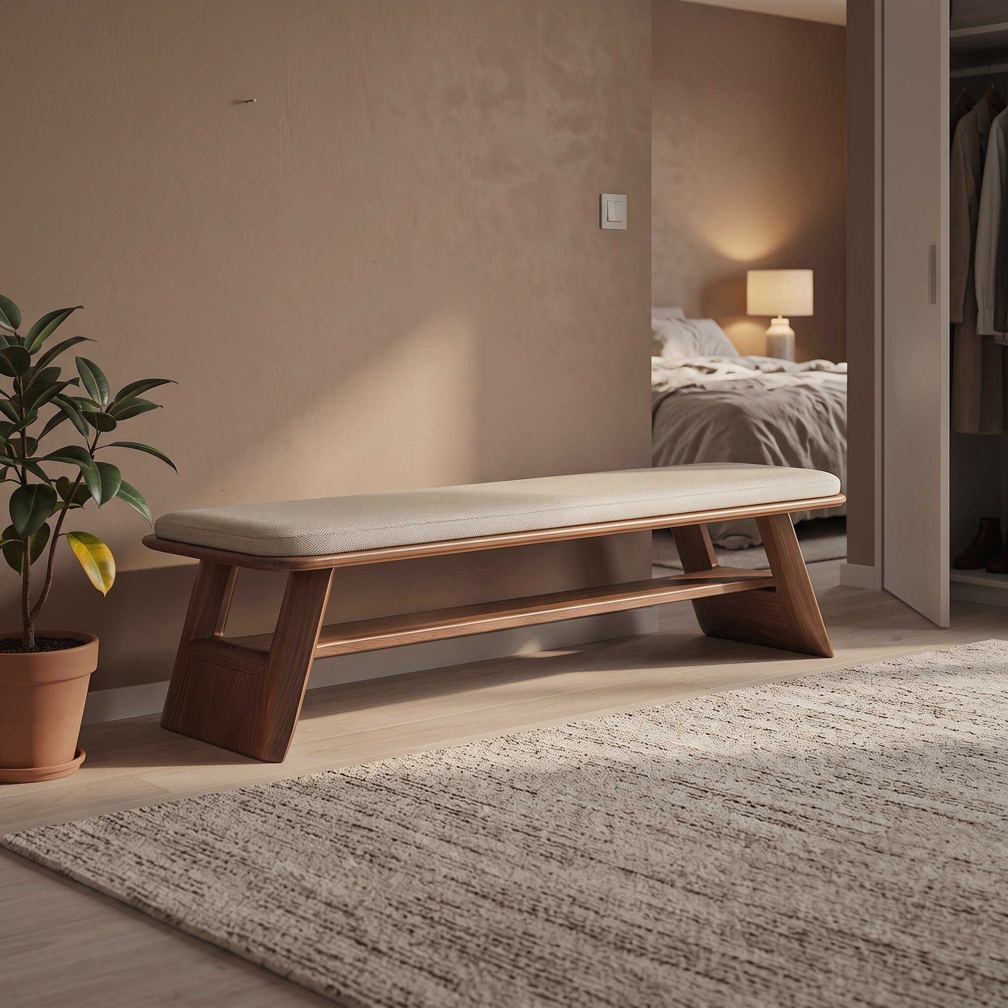 Mid Century Wooden Bench Living Room Decor