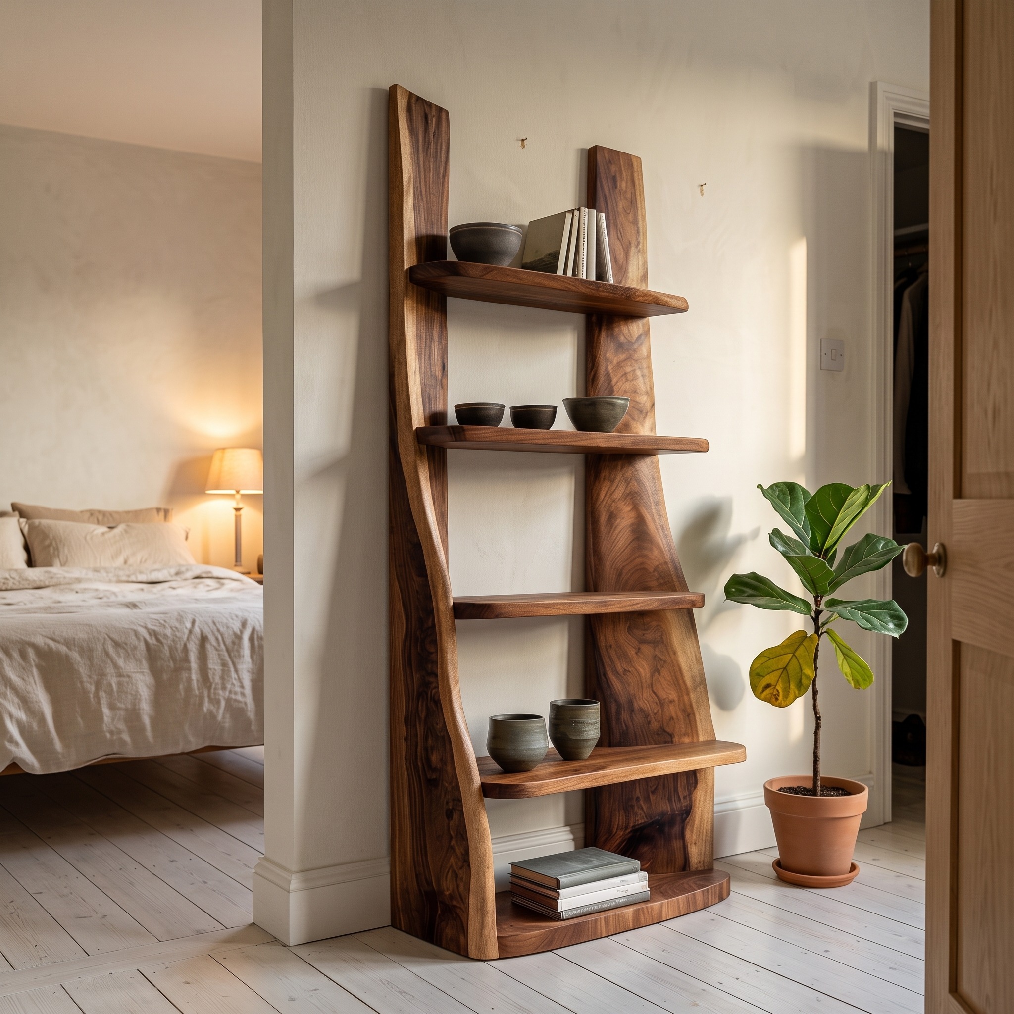Mid-Century Wooden Bookshelf, Retro Timber Storage Display Shelving Rack for Apartment Living Room
