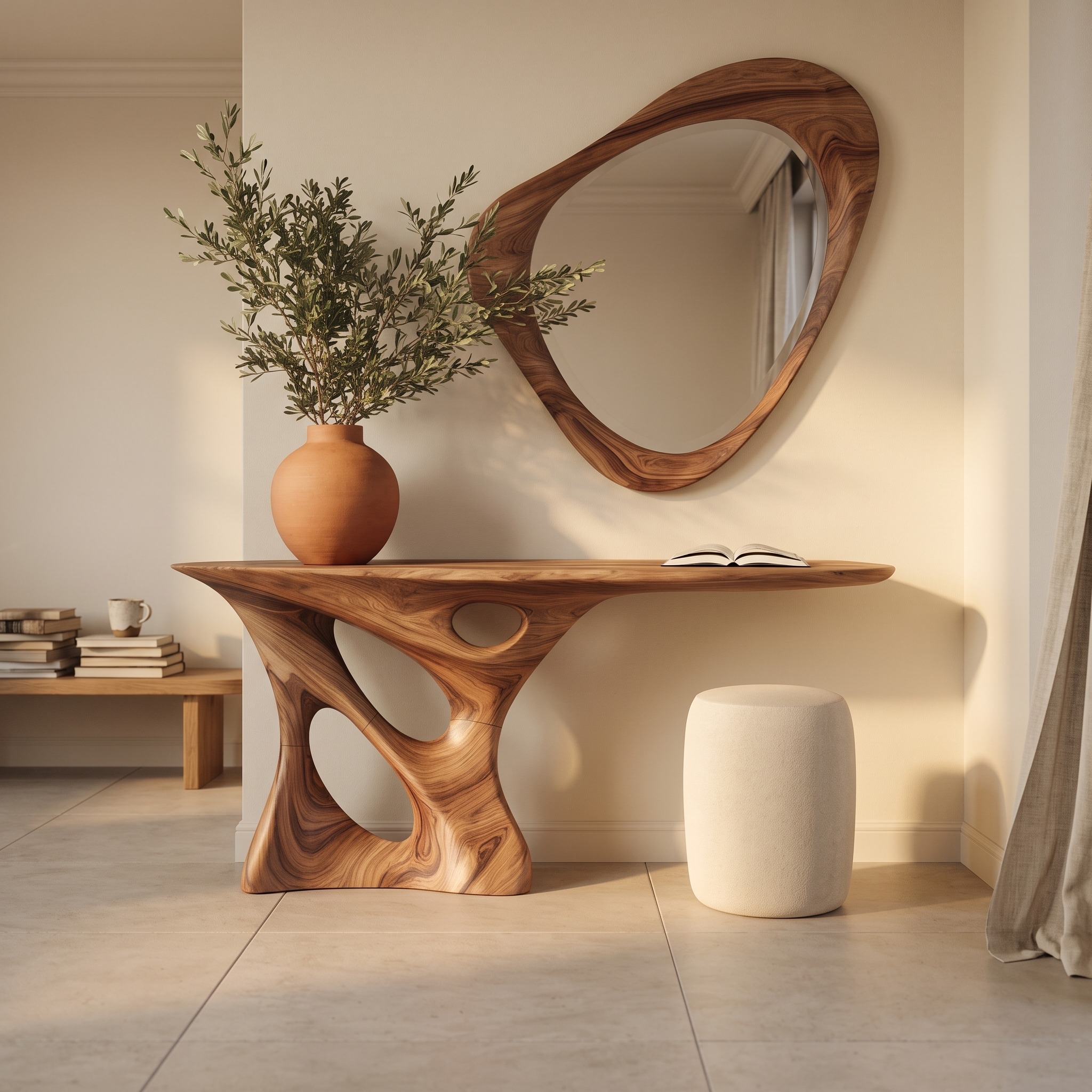 Mid Century Wooden Console Table, Solid Wood Sculptural Entryway Accent Desk, Hallway Foyer Vanity for Living Room