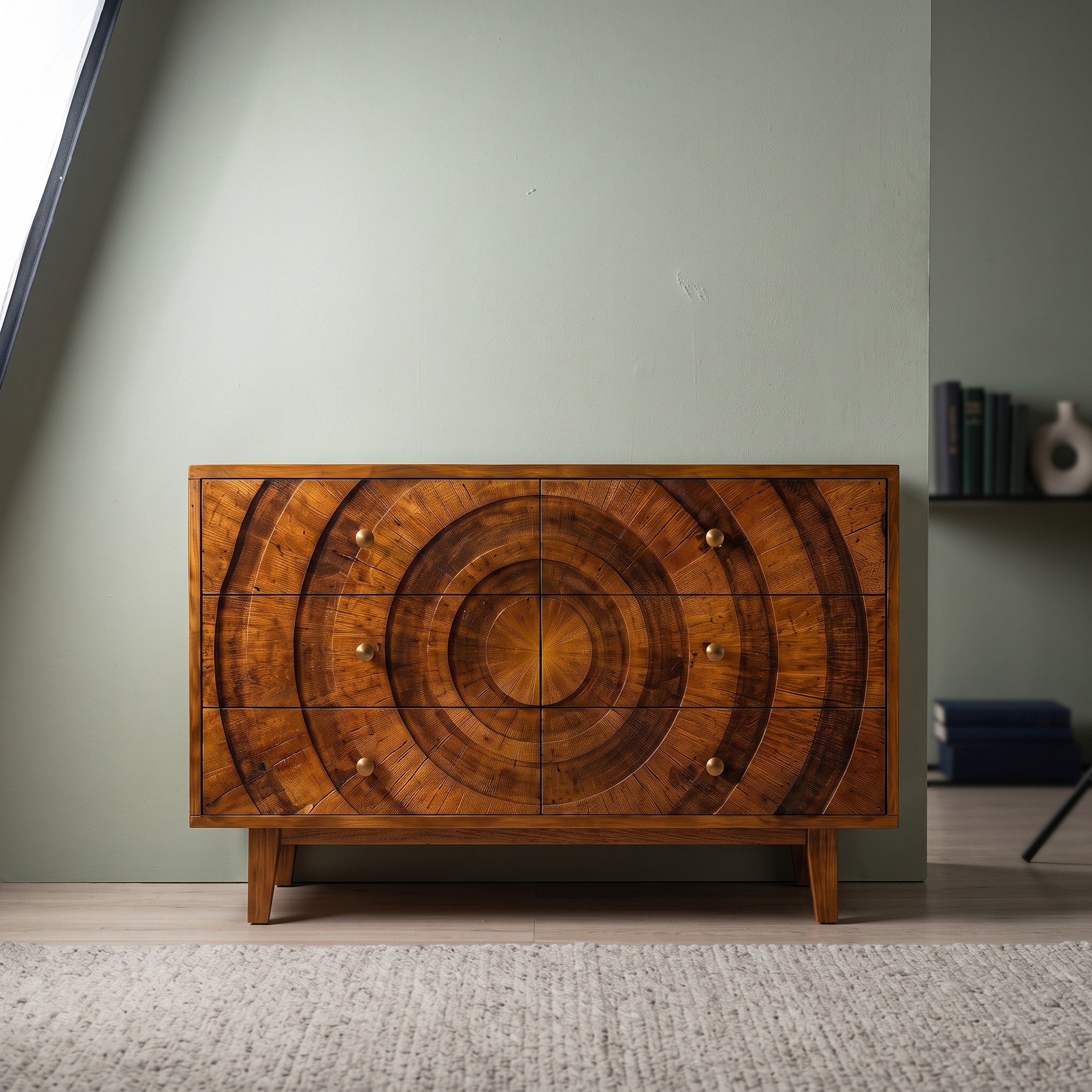 Mid Century Wooden Dresser with Concentric Circle Drawer Fronts for Bedroom