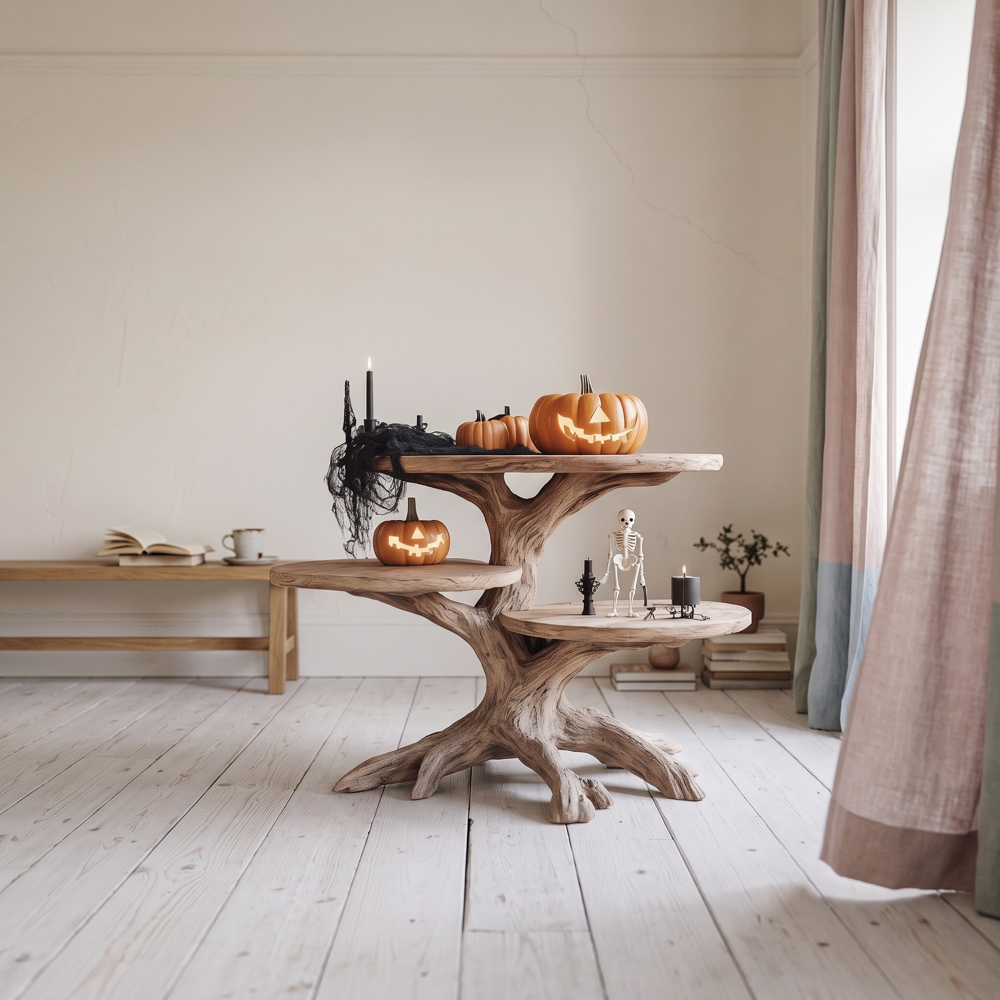 Mid-Century Wooden End Table, Modern Rustic Side Table for Living Room, Spooky Gothic Accent Nightstand Furniture
