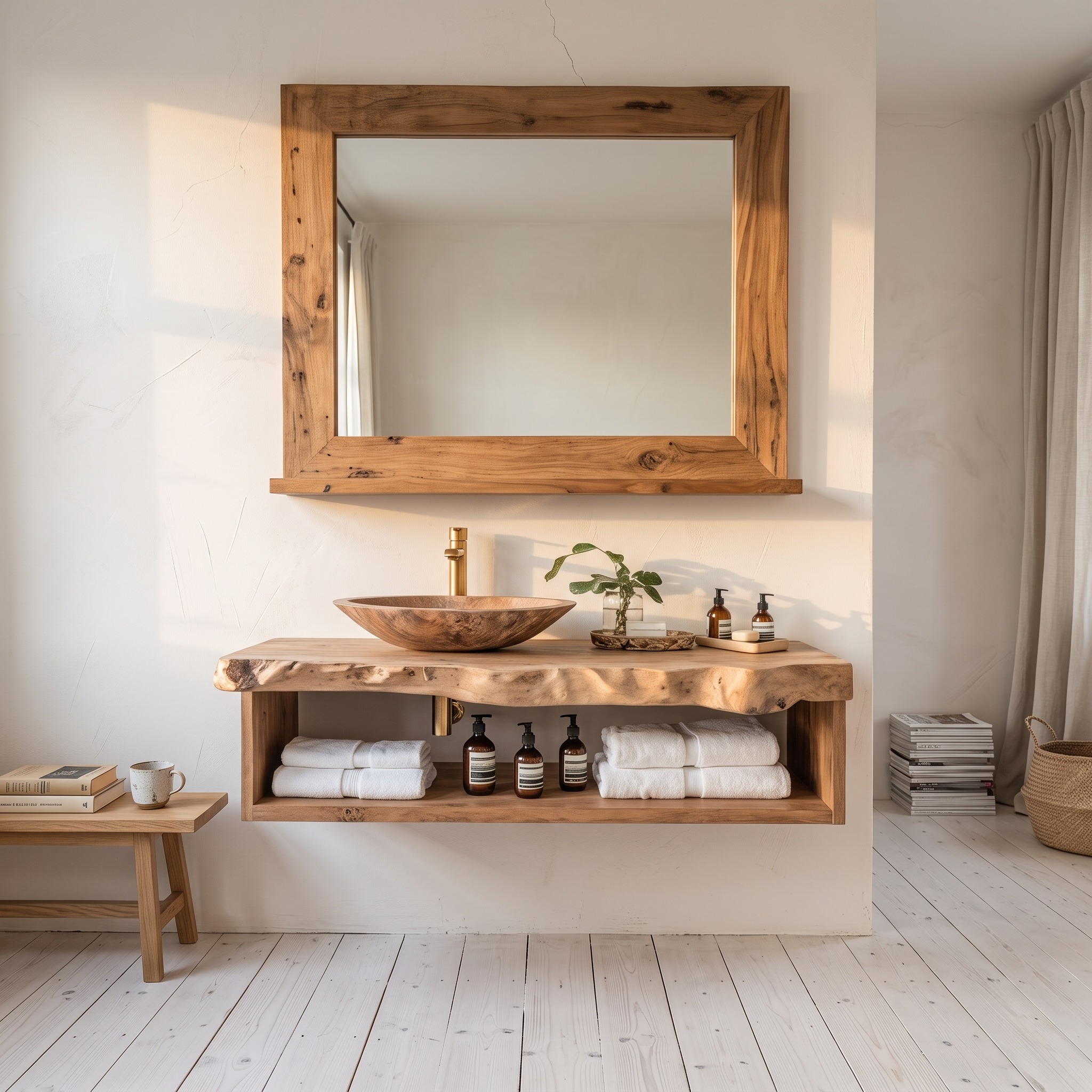 Mid Century Wooden Live Edge Bathroom Shelf, Solid Wood Wall Mounted Storage Organizer, Halloween Home Wall Decor
