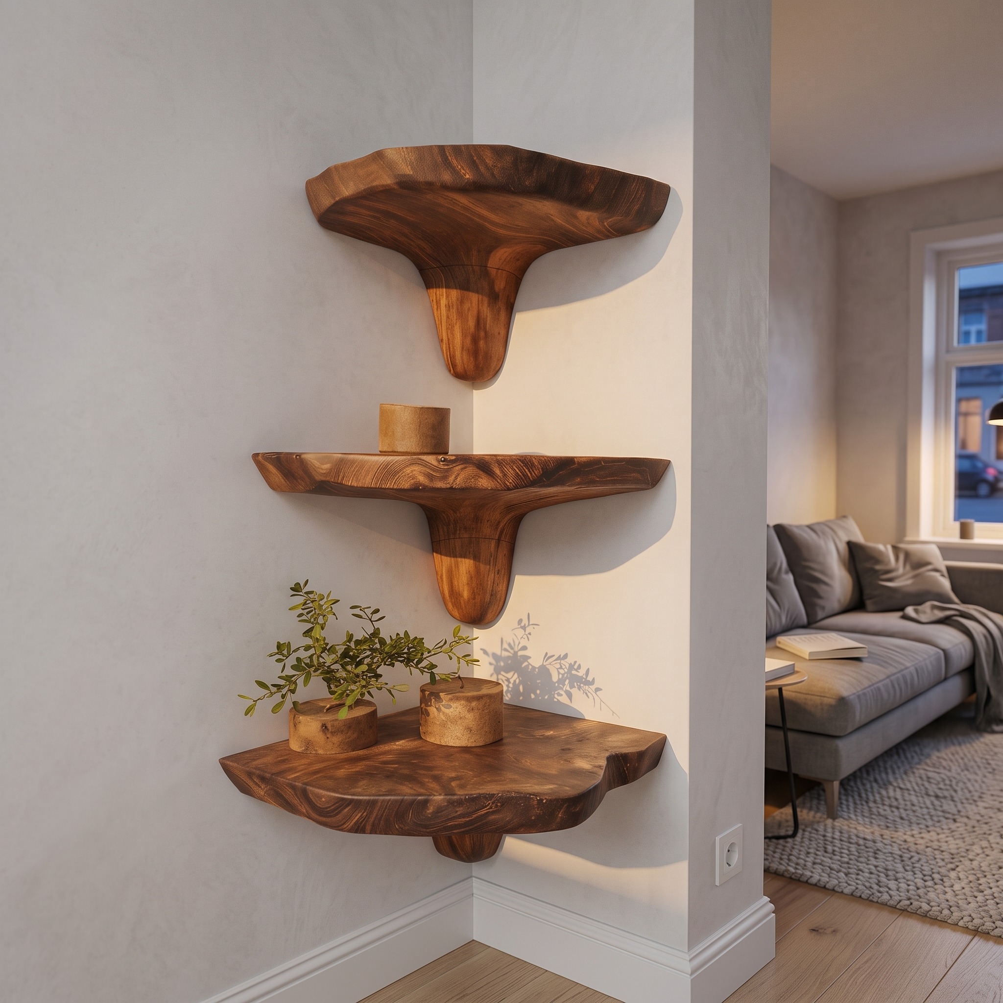 Mid Century Wooden Live Edge Mushroom Shelf for Living Room Decor
