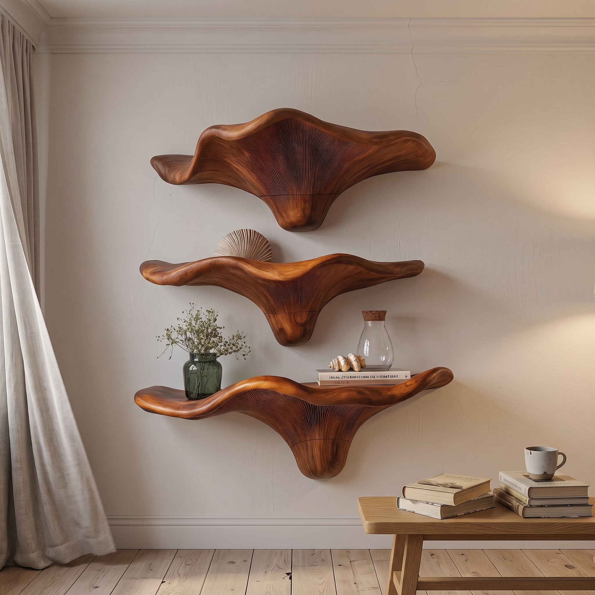Mid Century Wooden Live Edge Mushroom Shelf for Living Room Decor - Model SILDTTRMR005