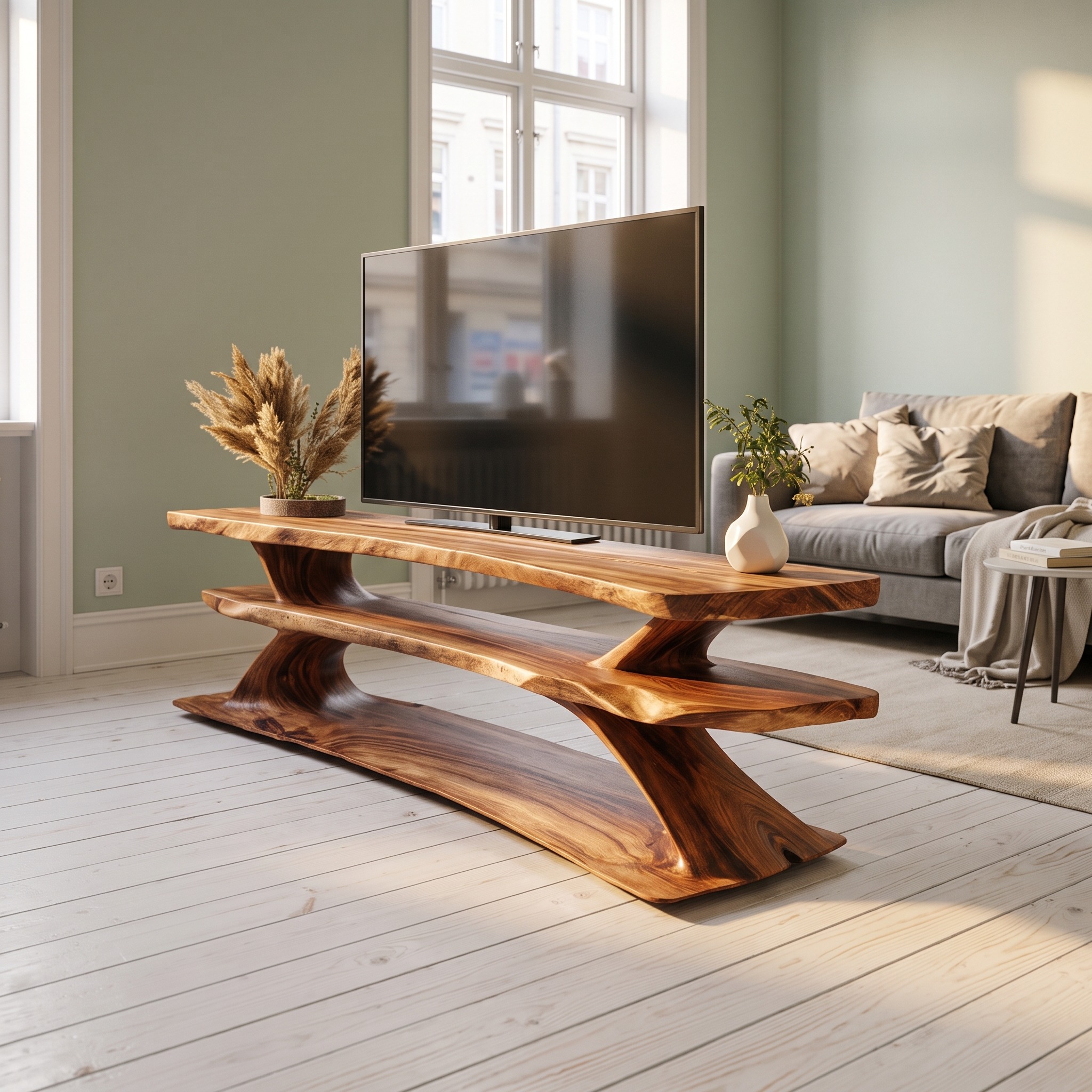 Mid-Century Wooden Live Edge TV Console, Handcrafted Solid Wood Media Center Cabinet for Living Room