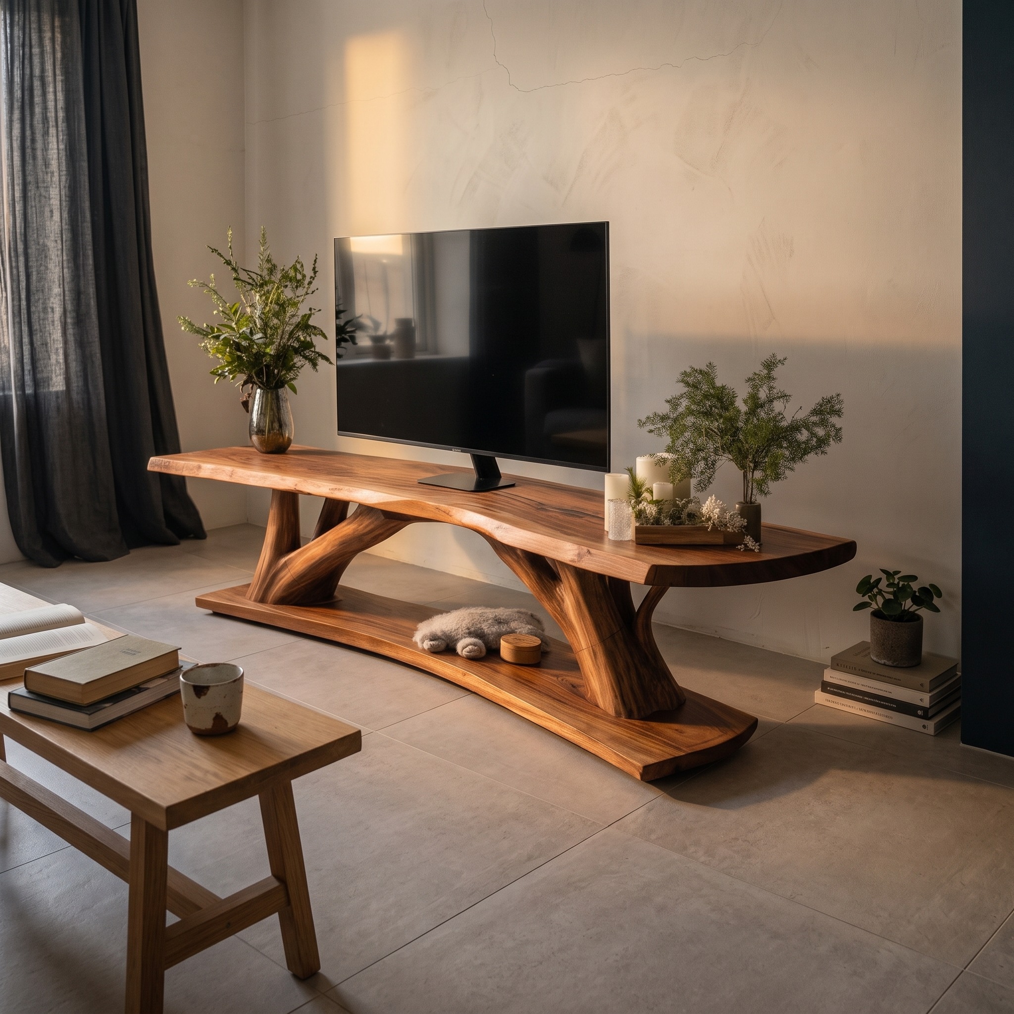 Mid-Century Wooden Live Edge TV Console, Solid Wood Media Cabinet & Bedroom Sideboard Credenza