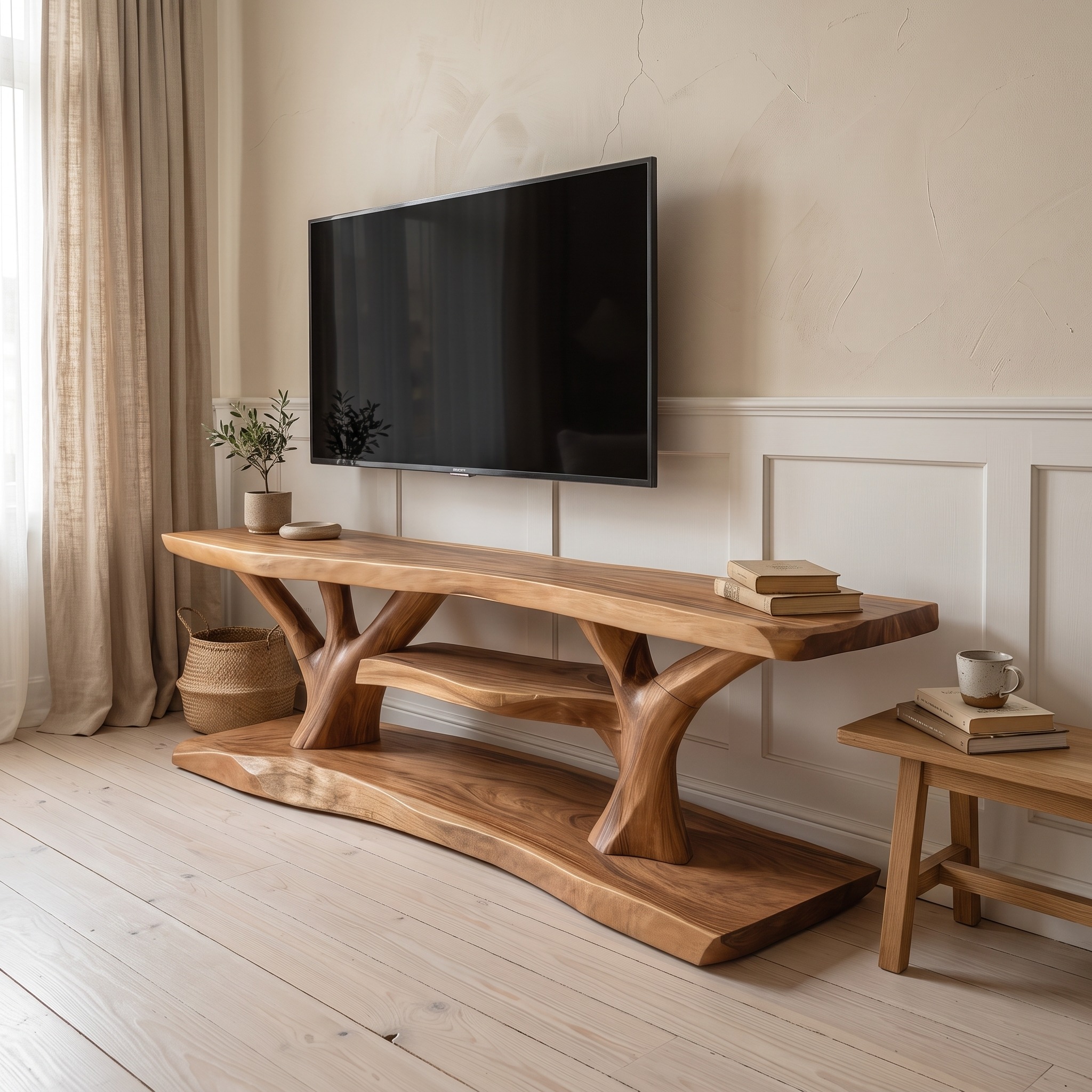 Mid-Century Wooden Live Edge TV Console, Solid Wood Media Storage Stand & Entryway Sofa Side Credenza