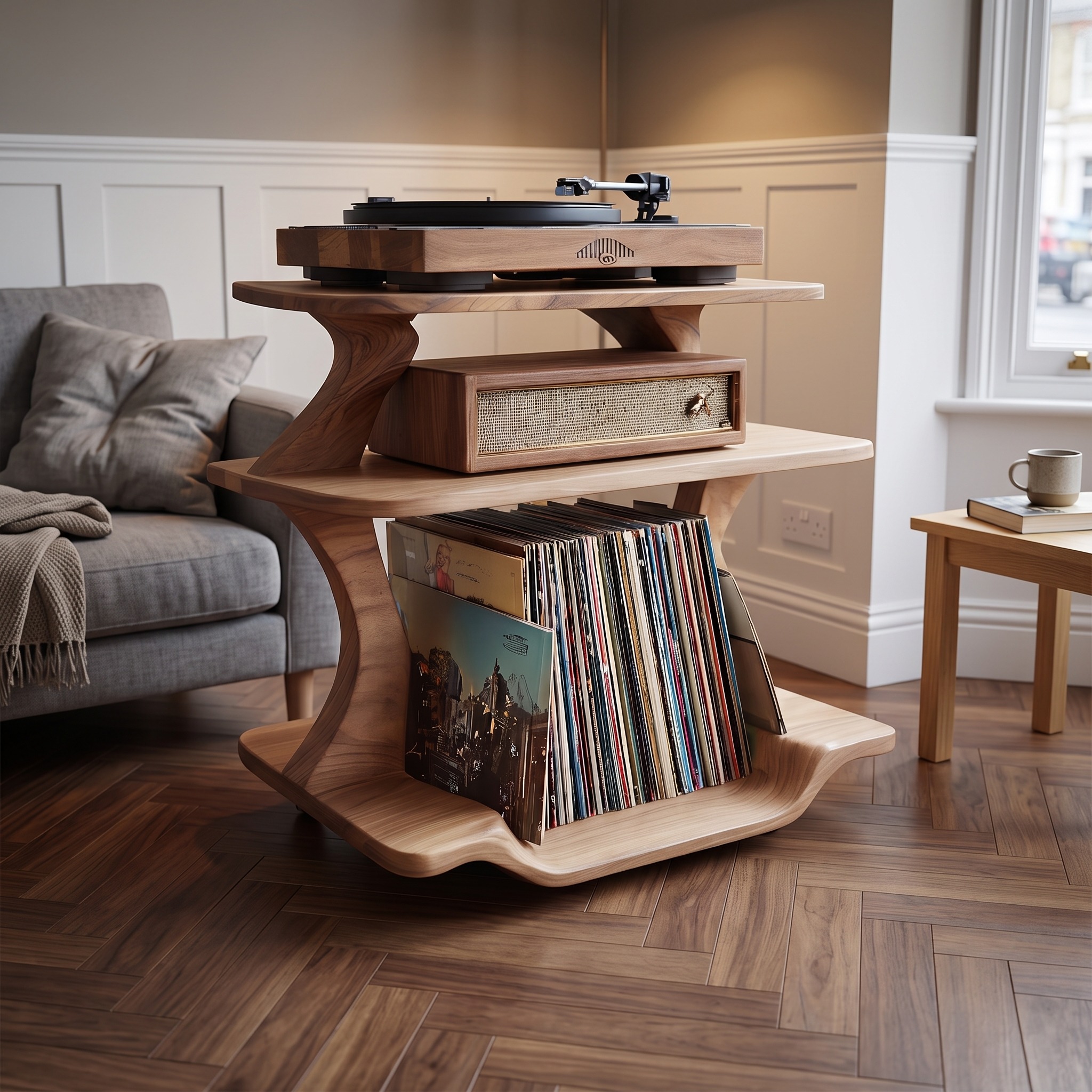 Mid Century Wooden Record Player Stand, Handcrafted LP Album Vinyl Storage Shelf for Christmas Home Decor