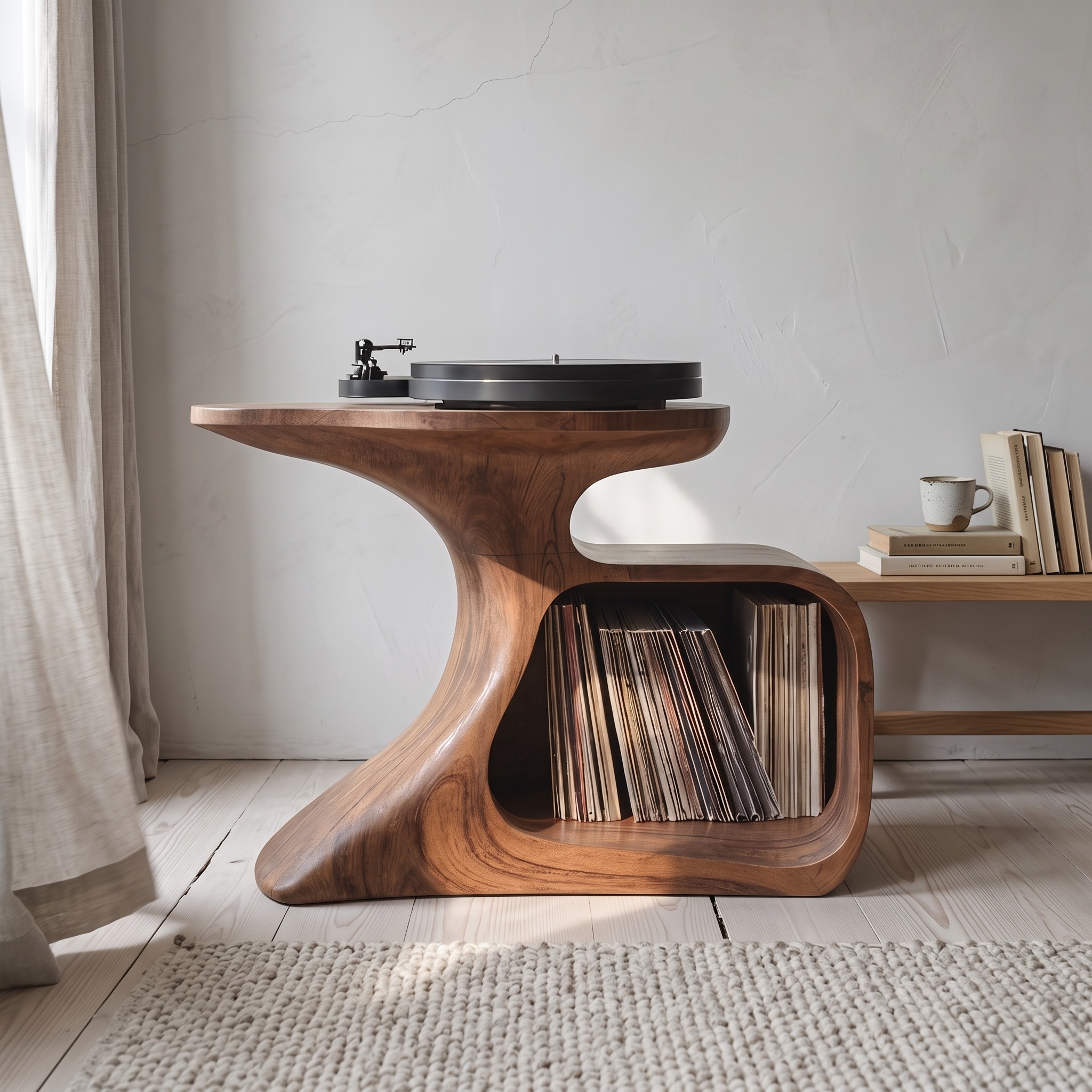 Mid-Century Wooden Record Stand, Live Edge Vinyl Storage Console, Handcrafted Turntable Player Table Organizer
