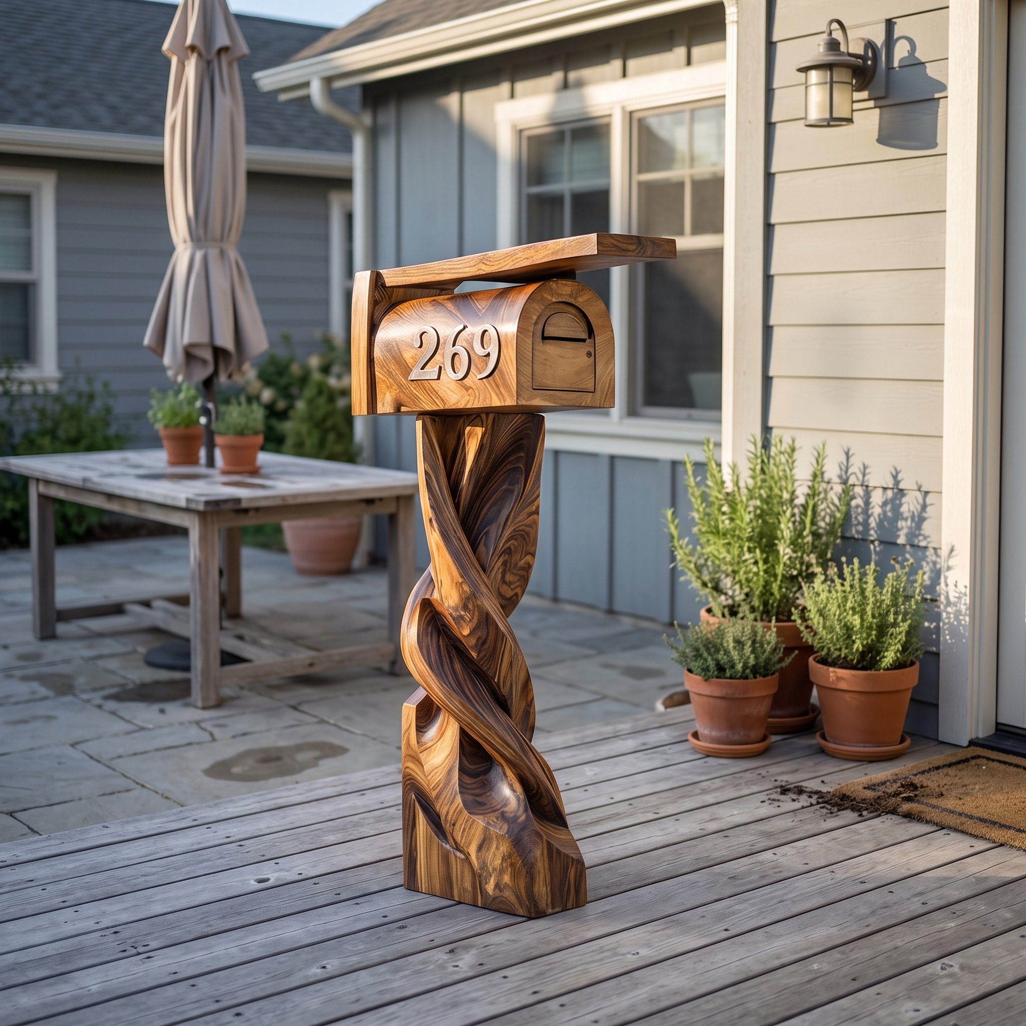 Mid Century Wooden Sculpture Mailbox for Patio Outdoor Decor