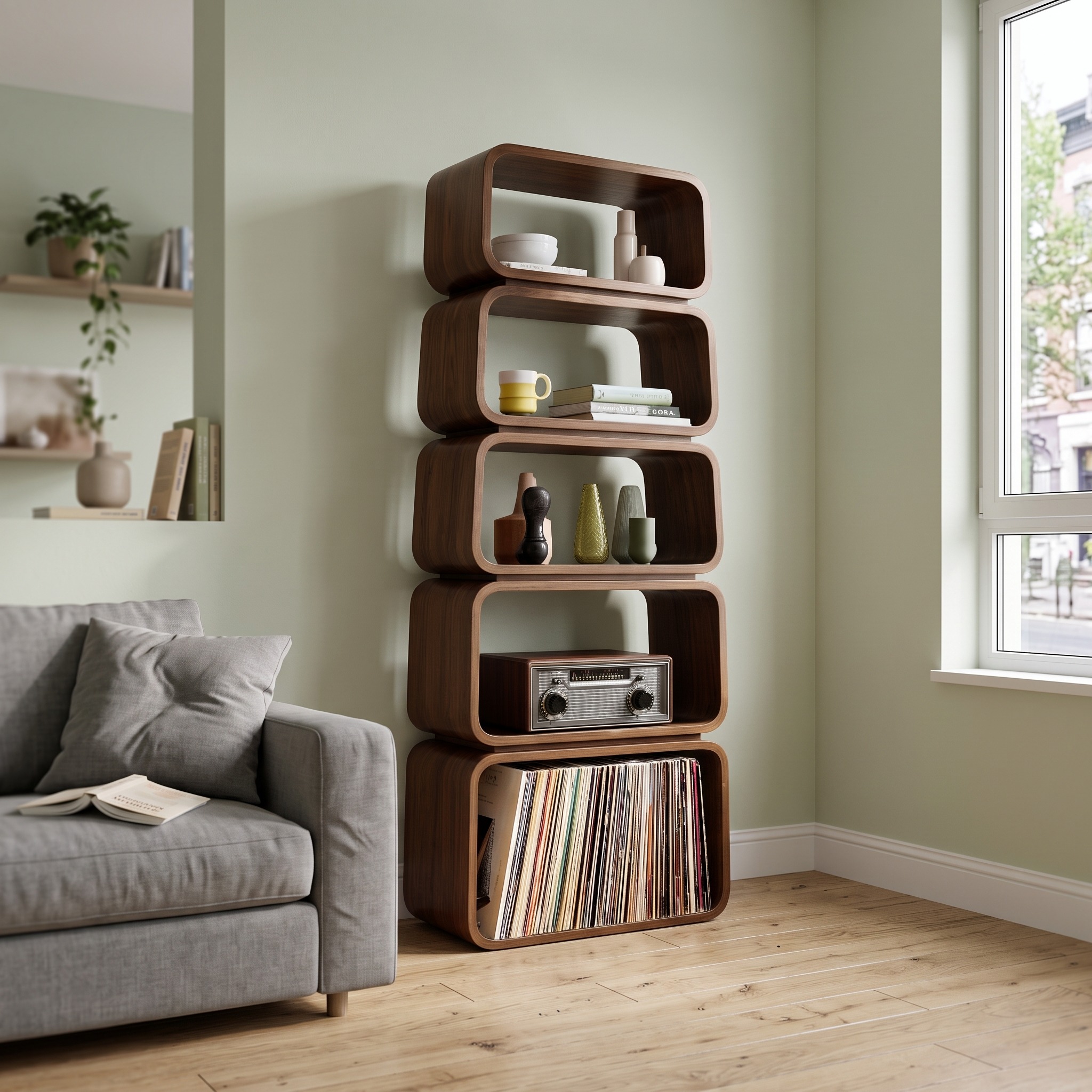 Mid-Century Wooden Standing Shelf, Tiered Bookcase Display Organizer, Retro Storage Rack for Living Room Decor