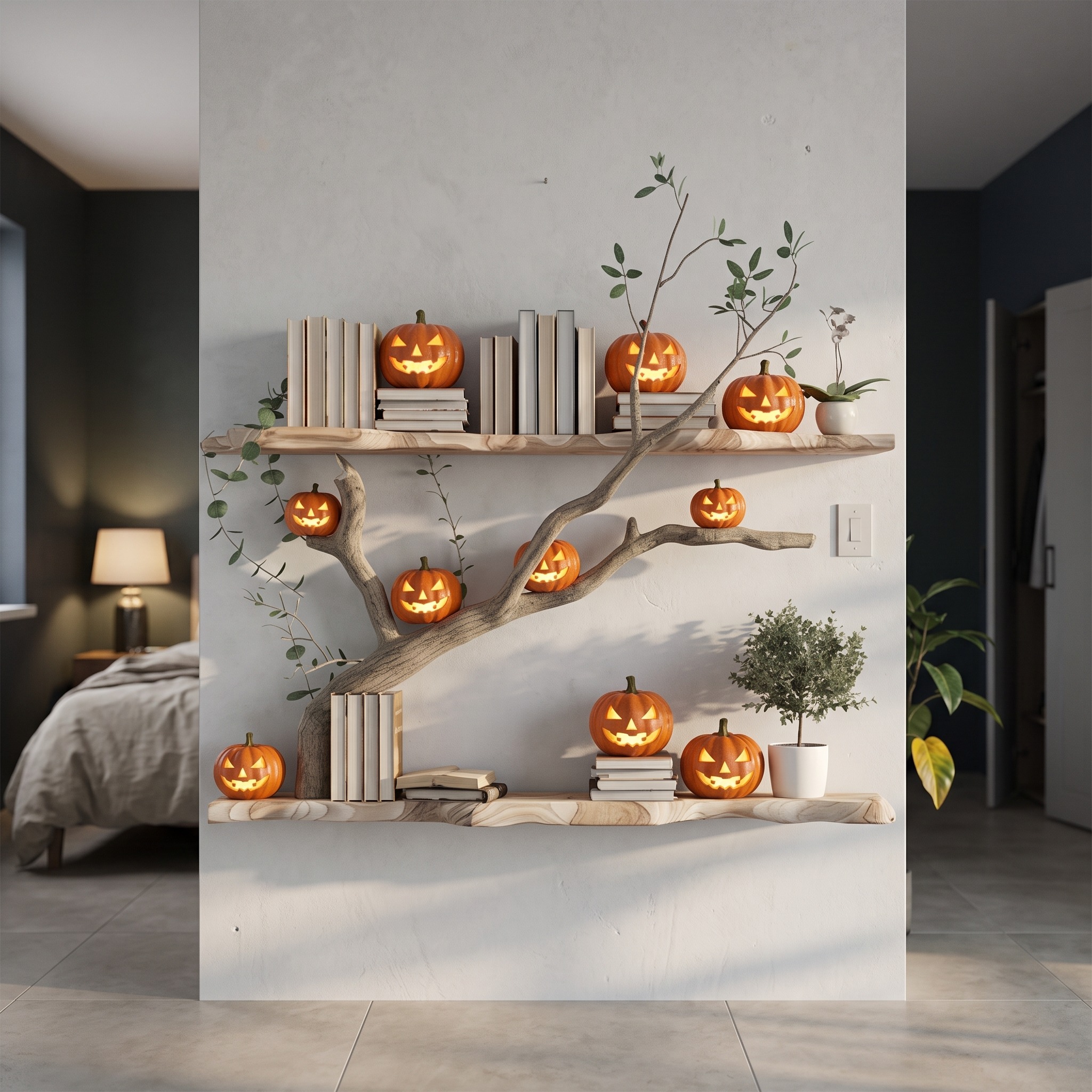Mid-Century Wooden Tree Branch Wall Bookshelf, Floating Branch Shelf, Rustic Gothic Halloween Home Display Decor