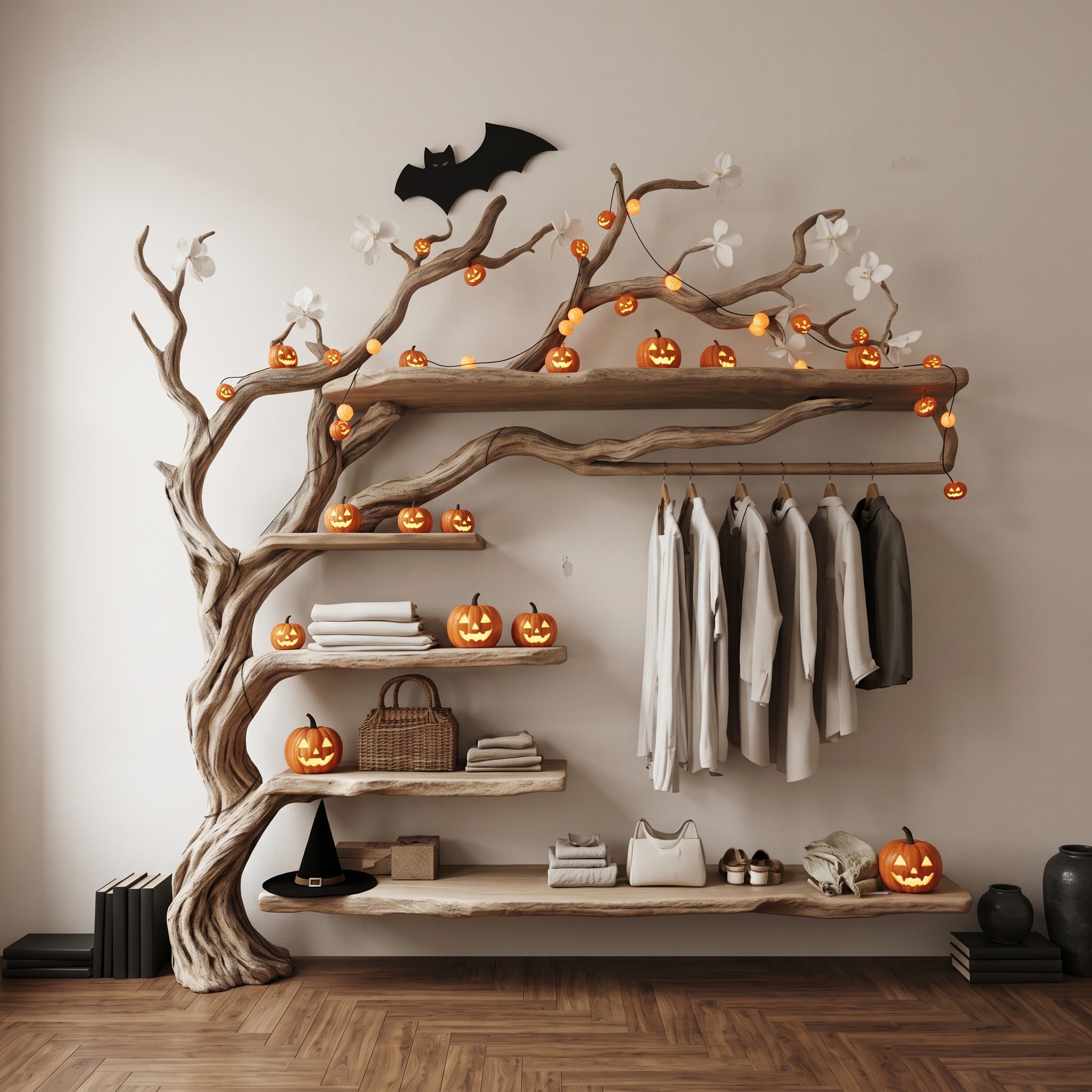 Mid-Century Wooden Tree Clothes Organizer Shelf, Rustic Tree-Shaped Coat & Hat Rack, Spooky Halloween Home Decor