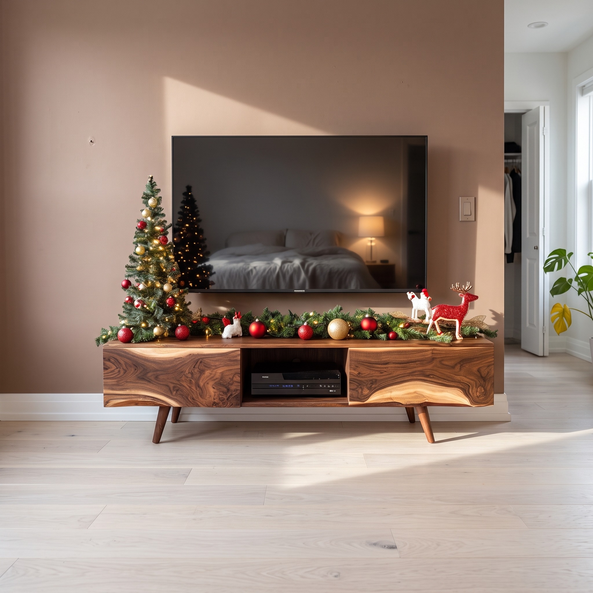 Mid-Century Wooden TV Cabinet, Modern Low Profile Media Console, Solid Timber Television Credenza for Living Room
