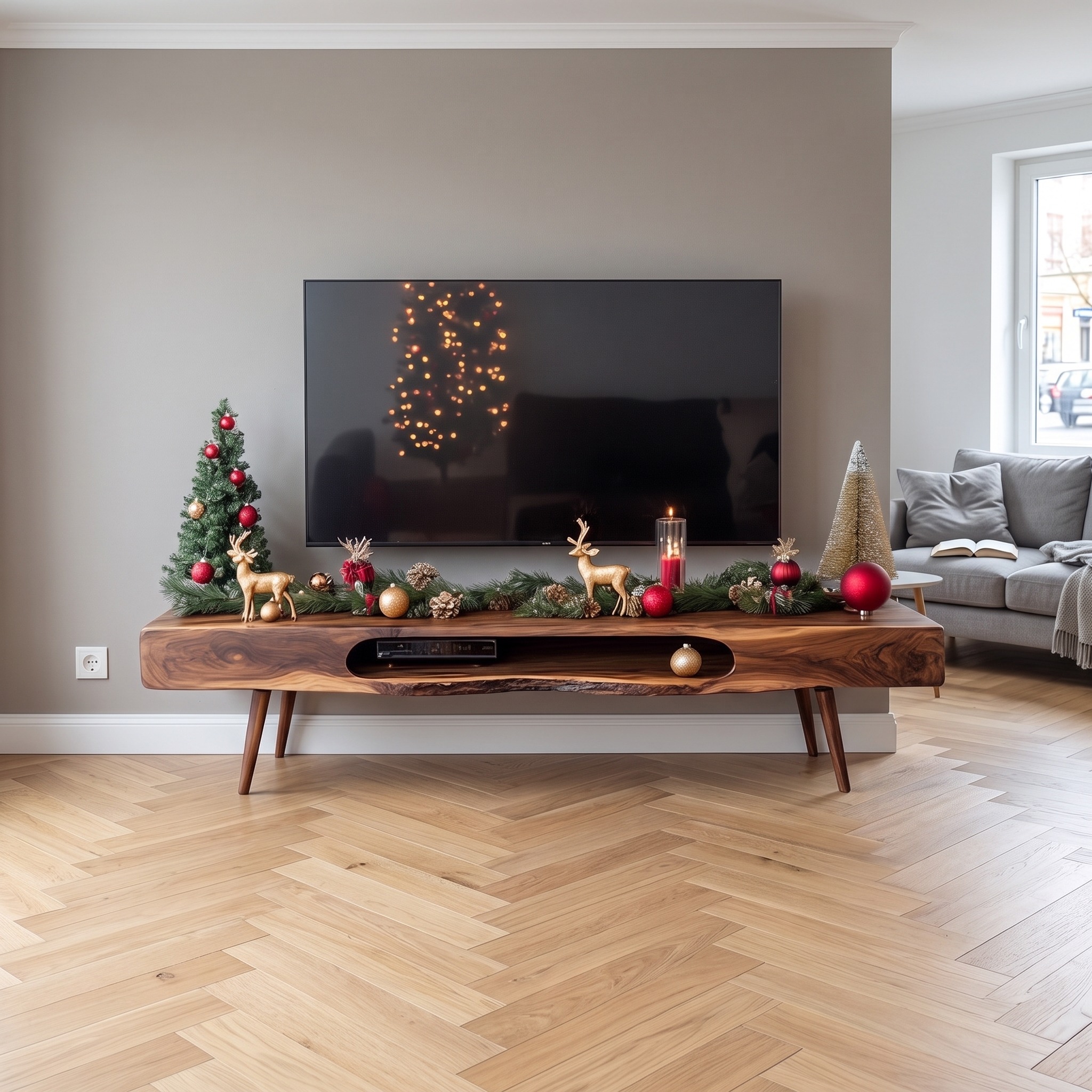 Mid-Century Wooden TV Stand, Modern Solid Hardwood Media Console, Low Profile Television Credenza for Living Room