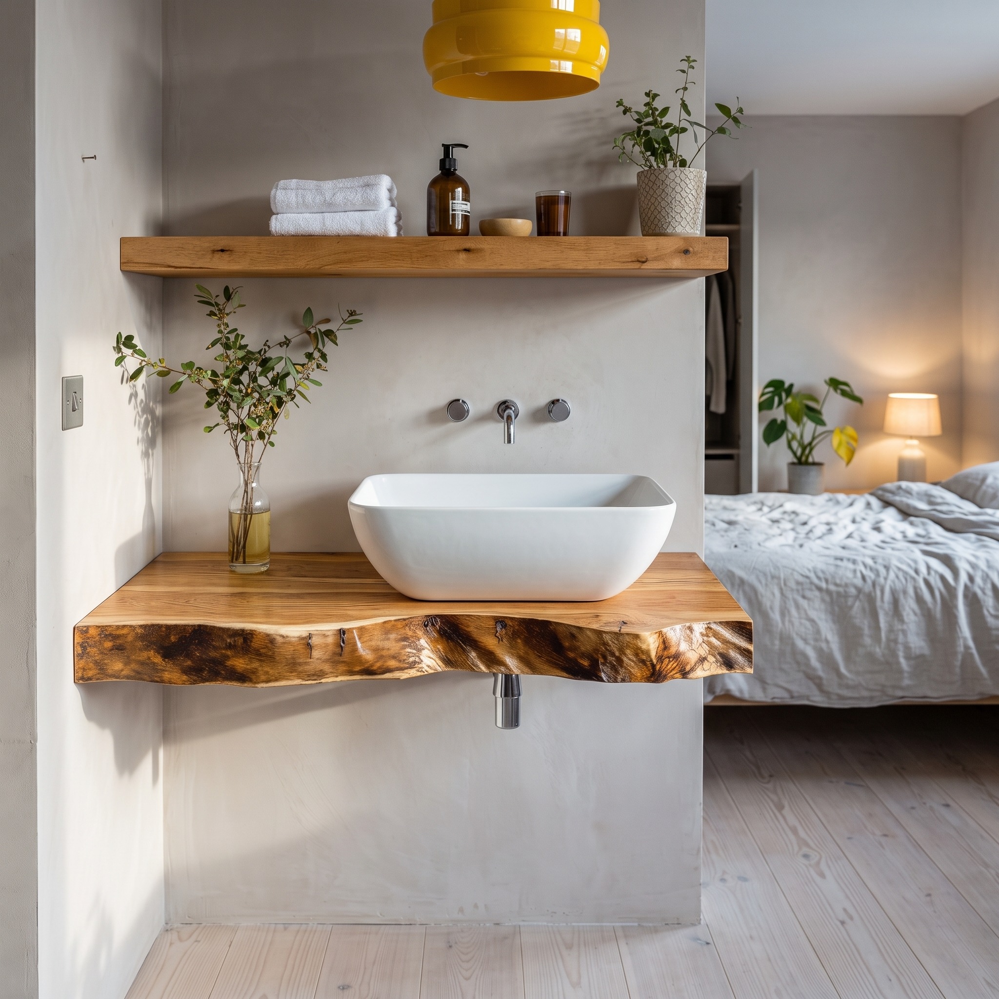 Mid-Century Wooden Vanity, Floating Solid Wood Under-Sink Bathroom Cabinet Storage Organizer