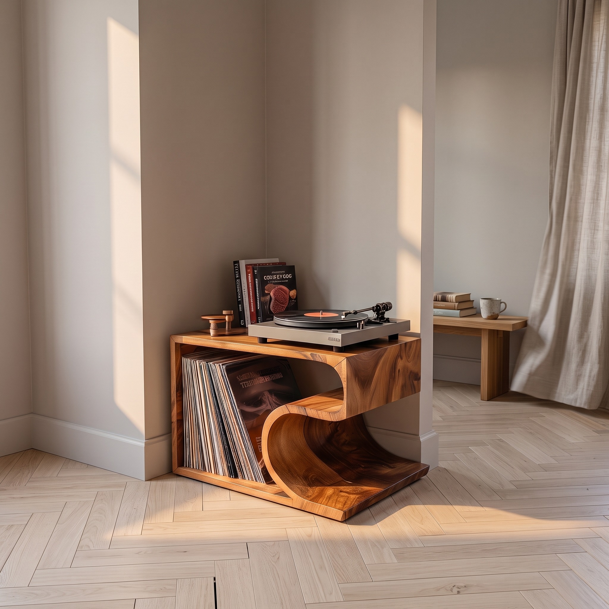 Mid-Century Wooden Vinyl Storage Stand, Handcrafted LP Album Holder Turntable Console for Music Room, Model