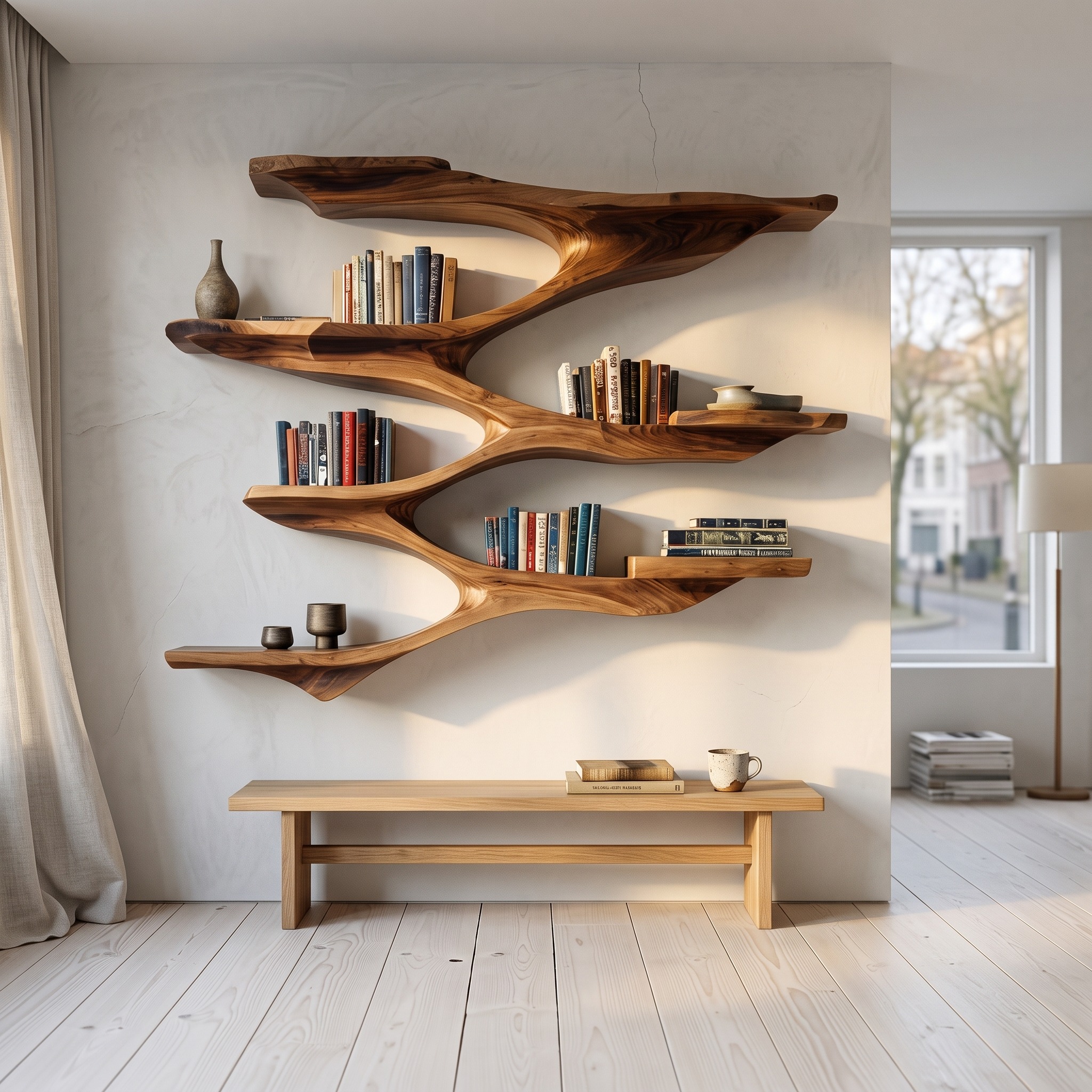 Mid Century Wooden Wall Floating Shelf, Handcrafted Solid Wood Storage Shelf for Living Room