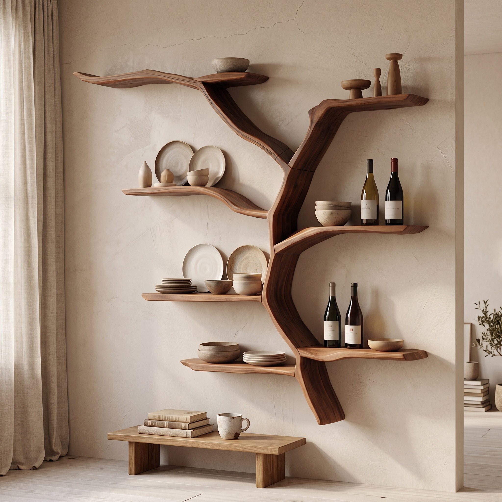 Mid Century Wooden Wall Shelf, Handcrafted Solid Wood Floating Storage Rack, Modern Wall Display Ledge Bookshelf for Living Room