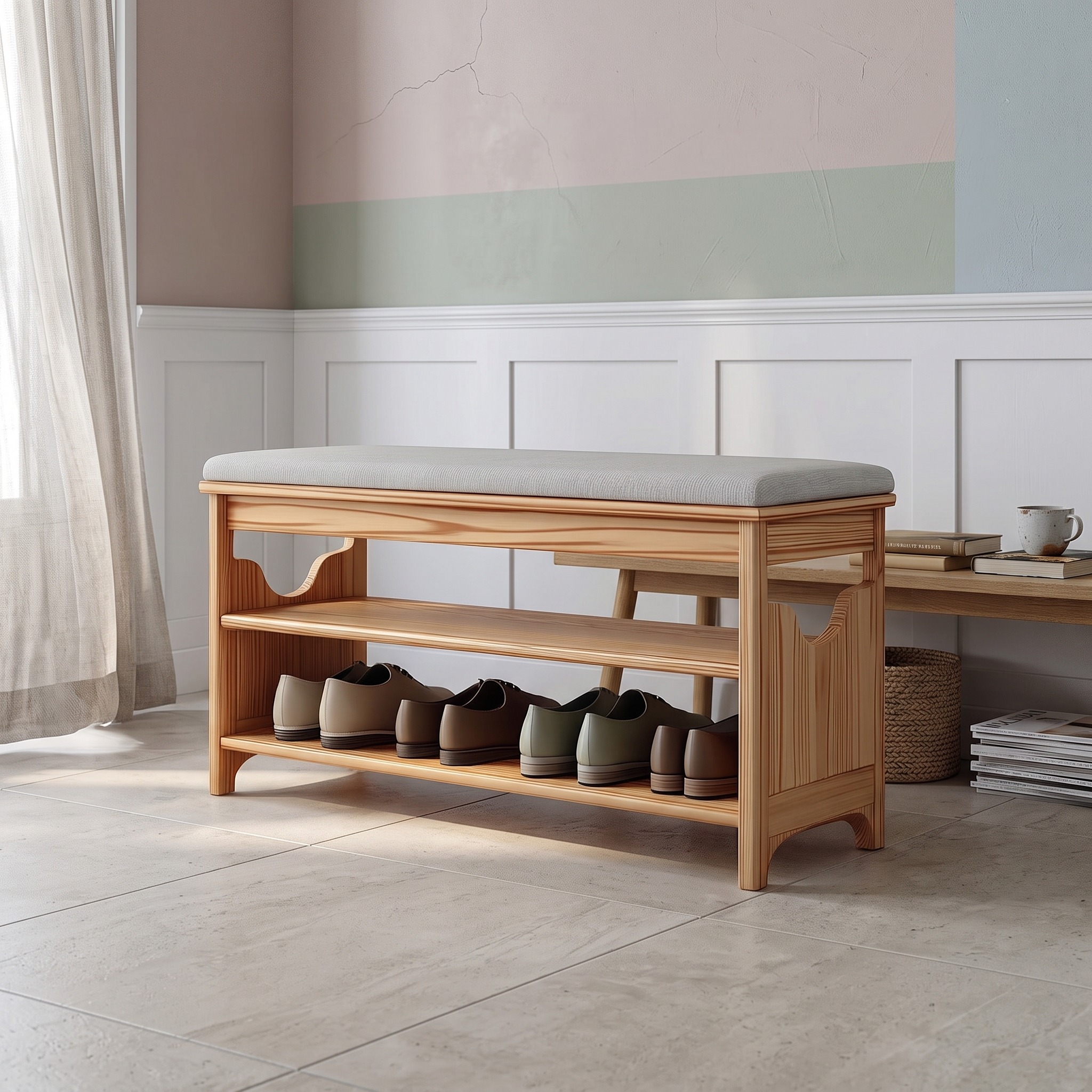 Midcentury Farmhouse Bench Shoe Rack Entryway