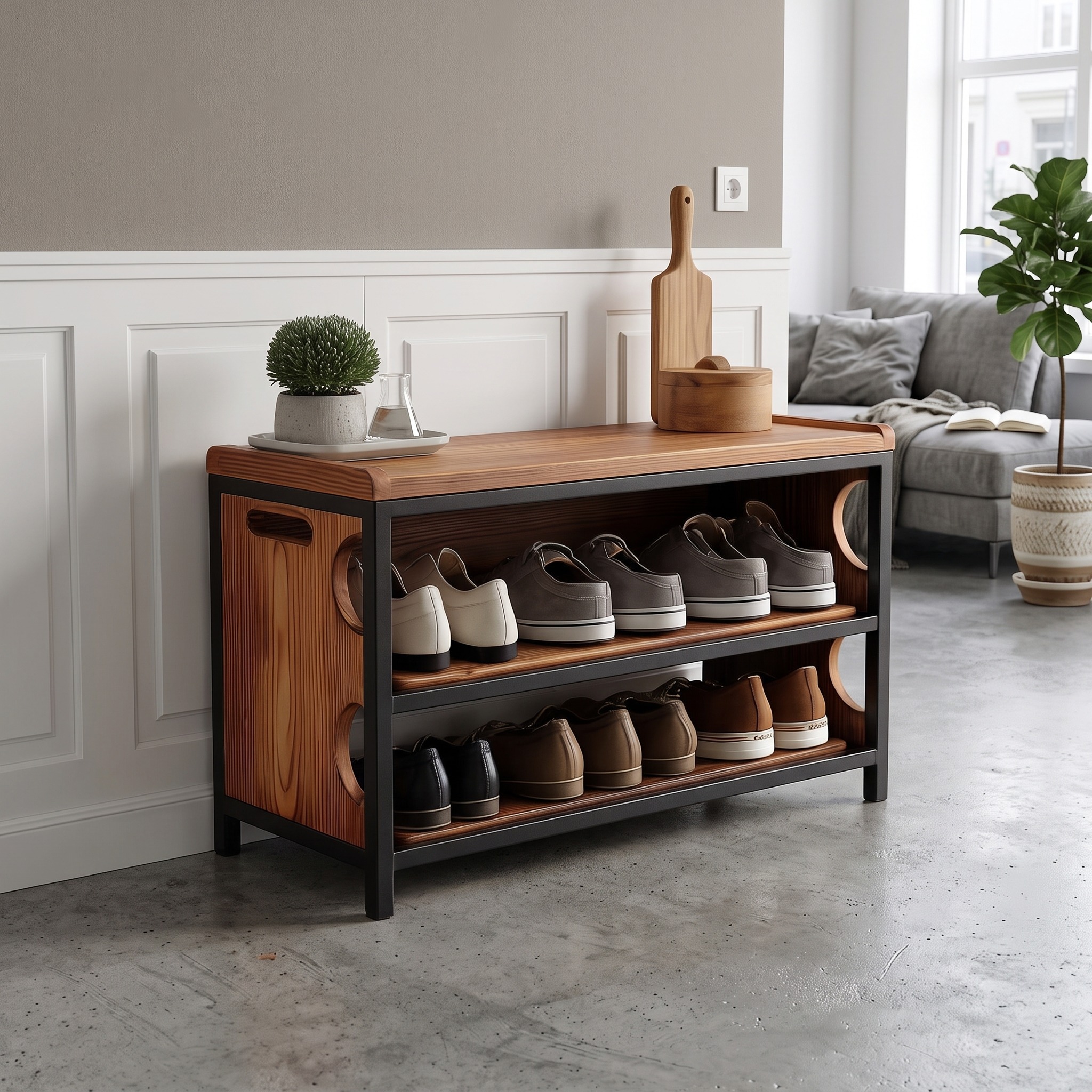 Midcentury Modern Shoe Bench Entryway Shoe Rack