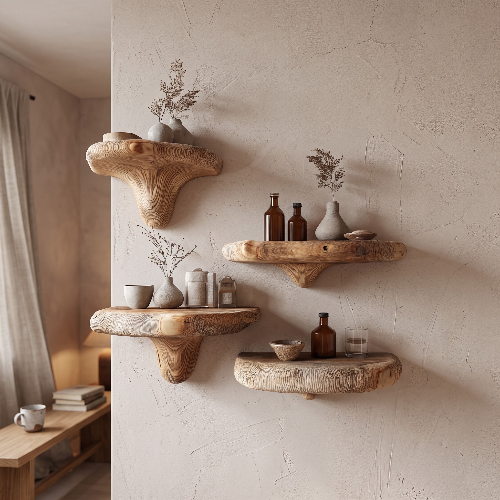 Midcentury Mushroom Floating Shelves Bedroom
