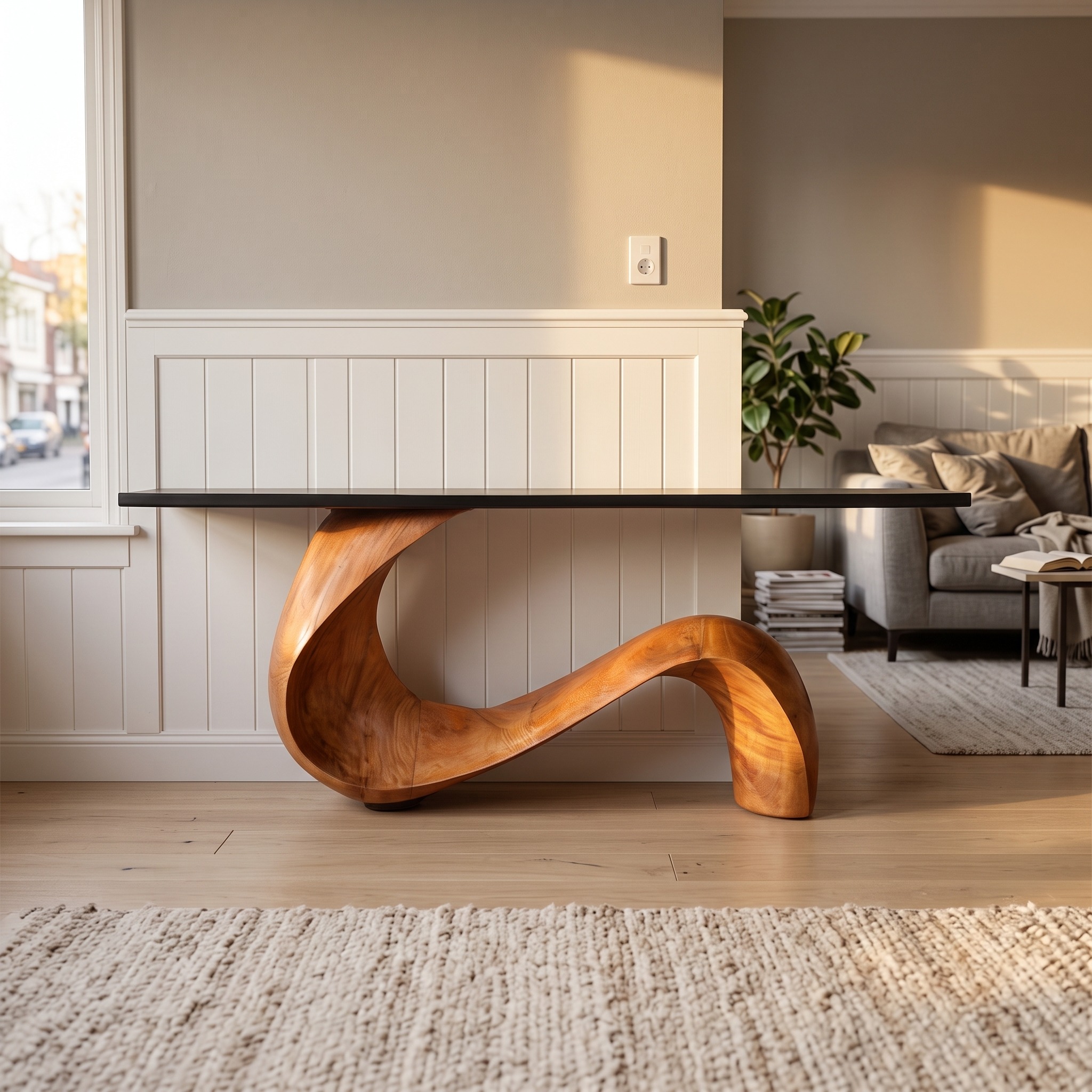 Midcentury Sculptural Wood Console Table, Handcrafted Modern Entryway Hallway Accent Table for Living Room