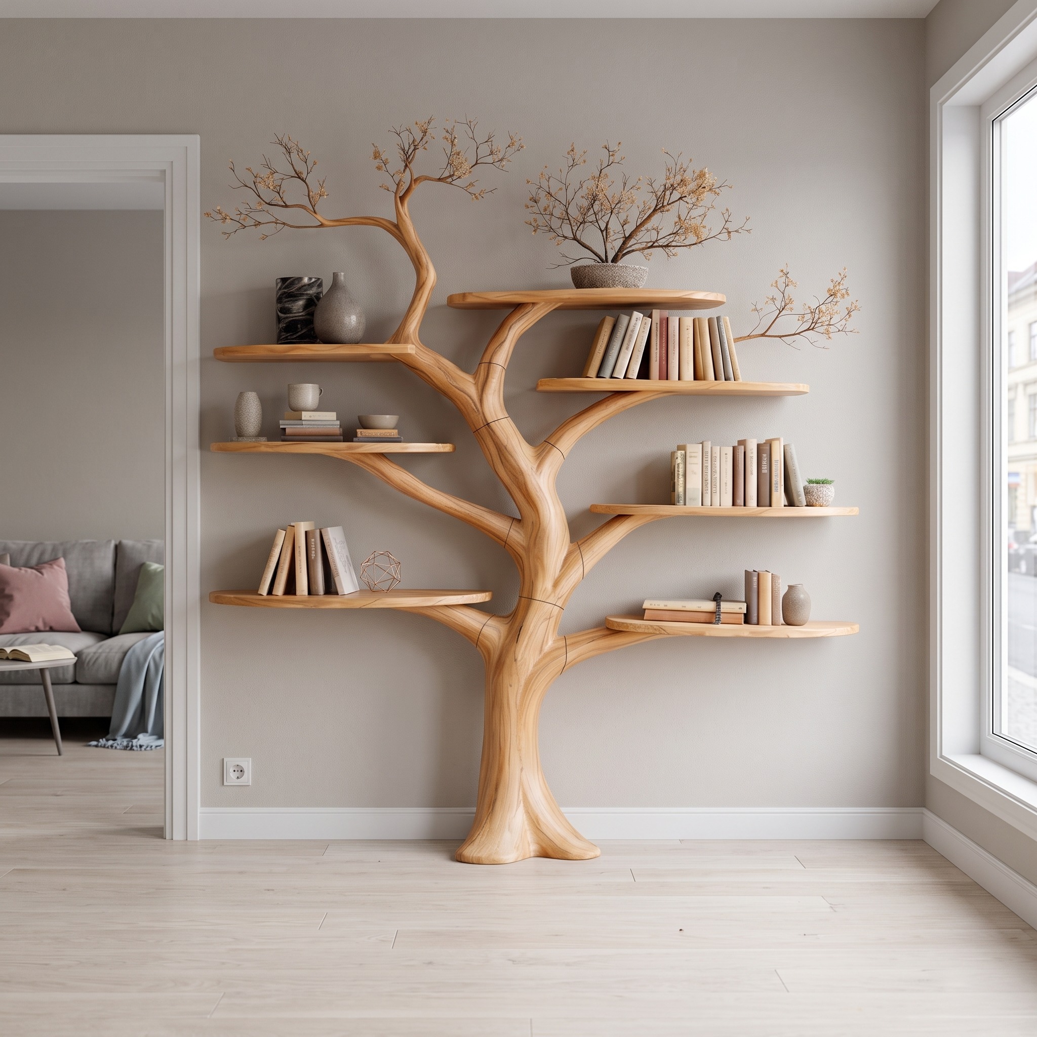 Midcentury Sculptural Wood Tree Bookshelf, Handcrafted Wall Mounted Floating Branch Bookcase for Living Room Art